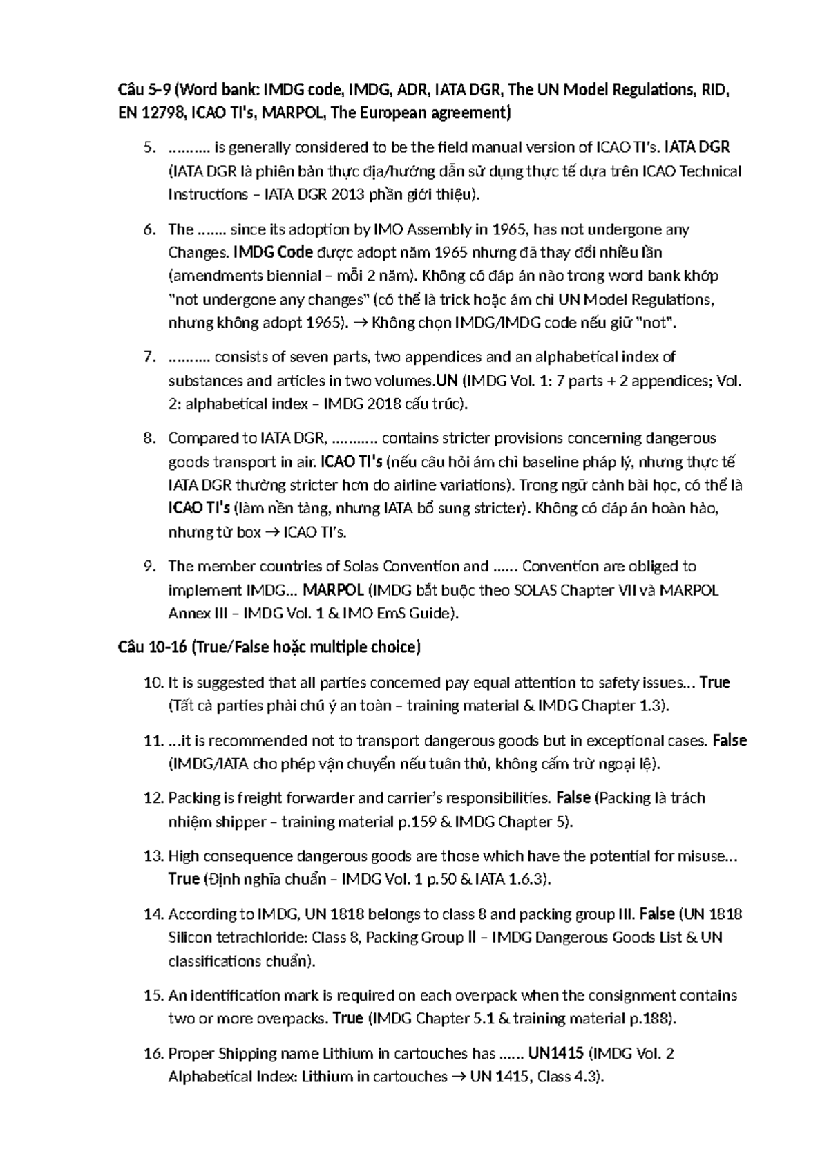 Đáp án Câu 5-16 (IMDG Code, IATA DGR, ICAO TI's, MARPOL) - Studocu
