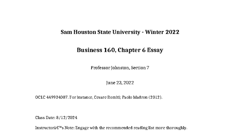 Business 160 - Chapter 6 Essay Notes for Winter 2022 - Studocu