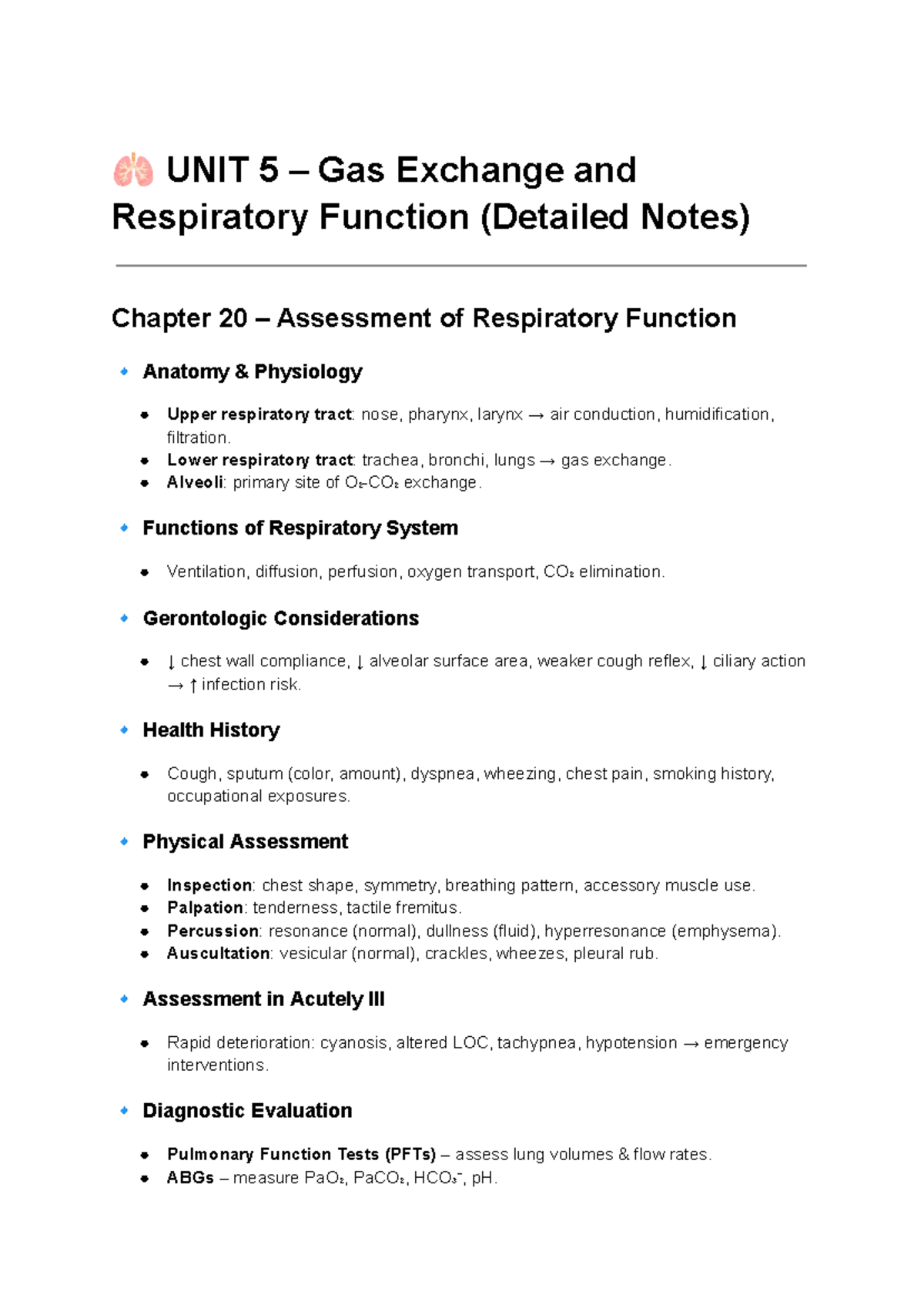 Respiratory and Cardiovascular System Overview: Unit 5 Detailed Notes ...