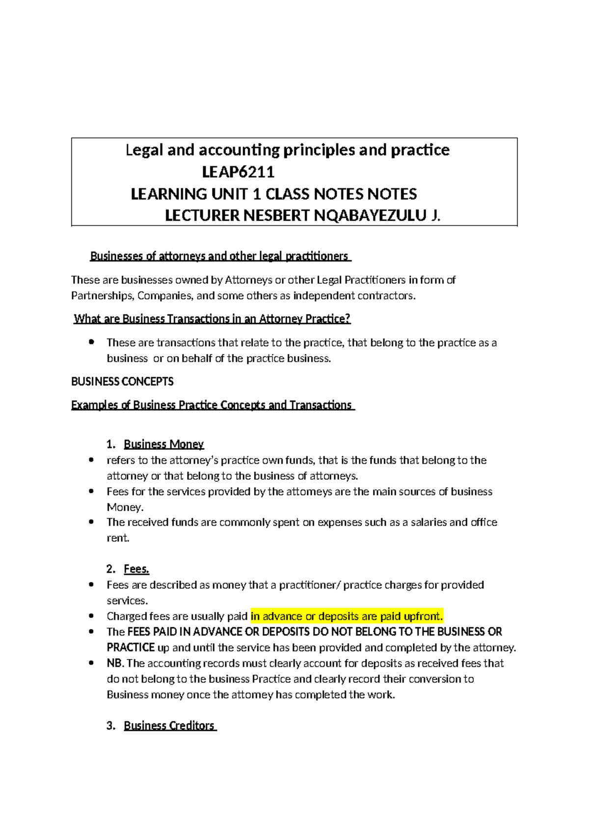 Legal and Accounting Principles: LEAP Unit 1 Class Notes - Studocu