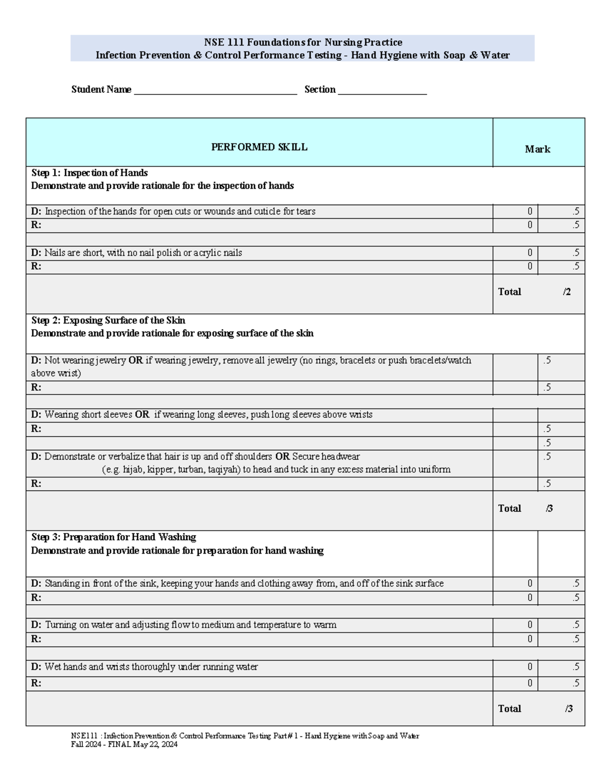 NSE 111 Final Exam - Grading Rubric for Hand Hygiene Performance ...