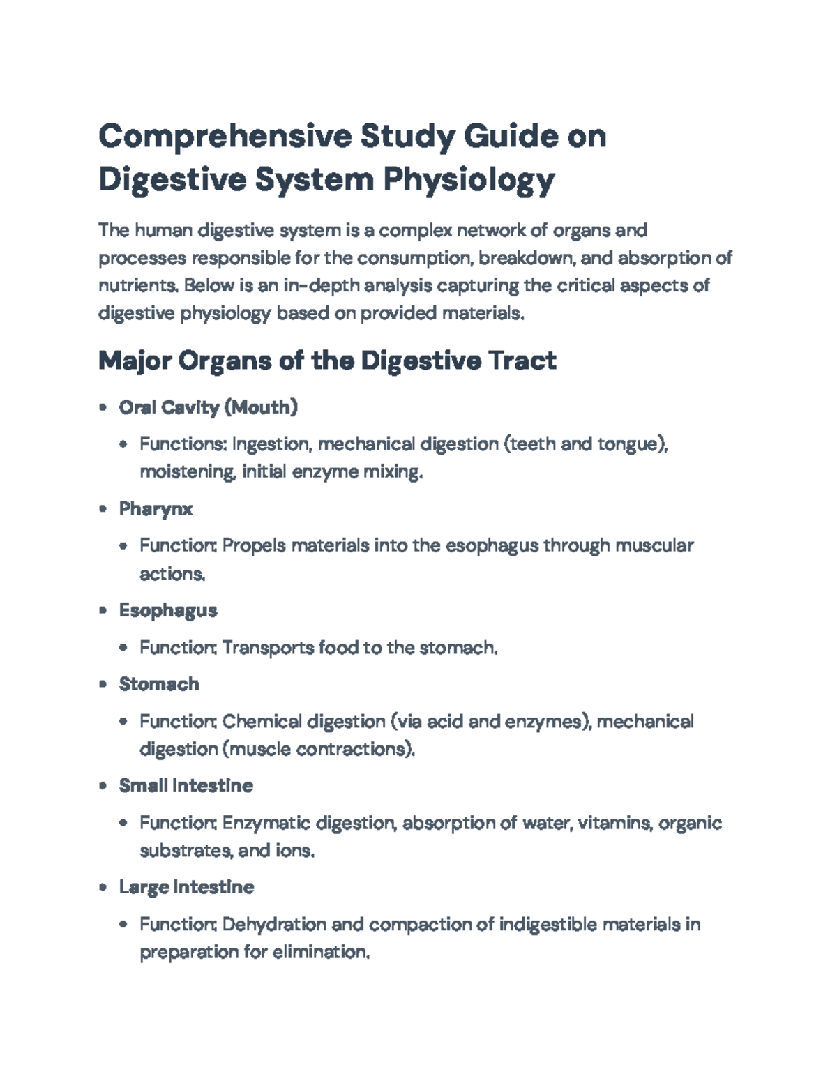 Comprehensive Study Guide on Digestive System Physiology (BIO101 ...