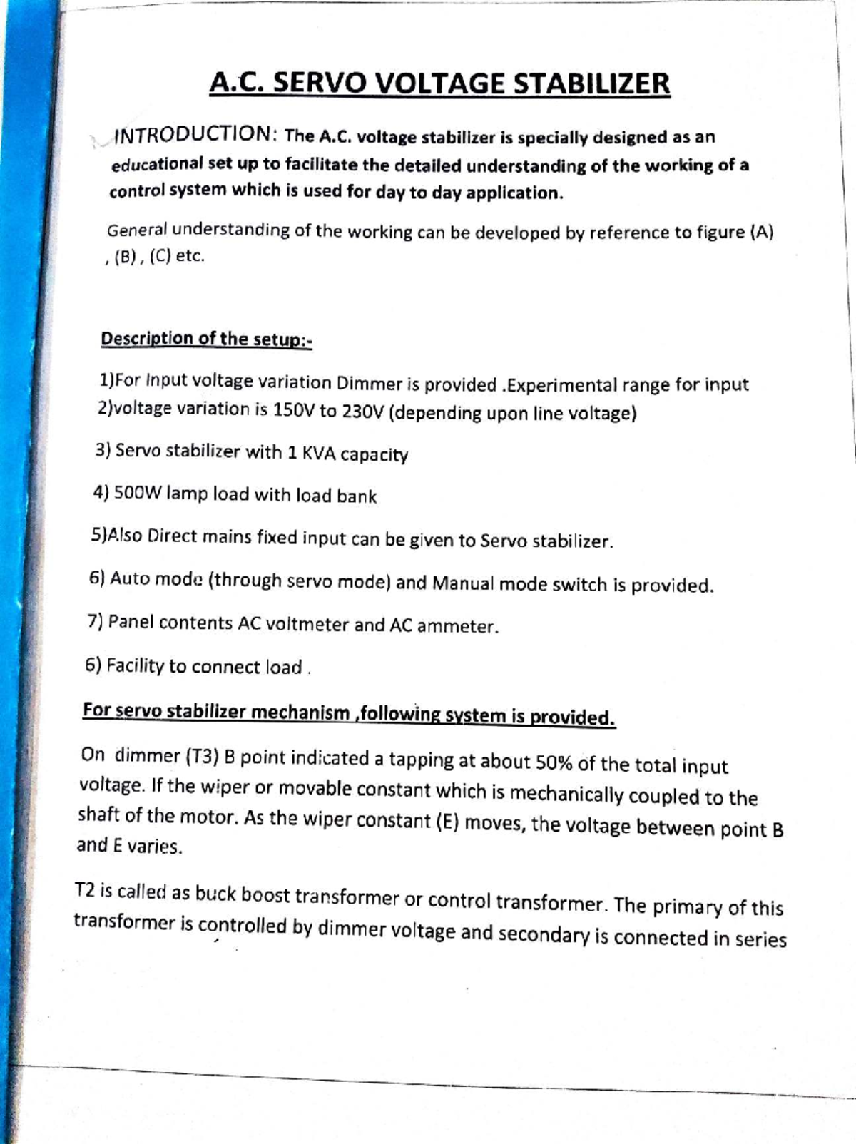 A.C. Servo Voltage Stabilizer Lab Experiment No. 6 - Studocu