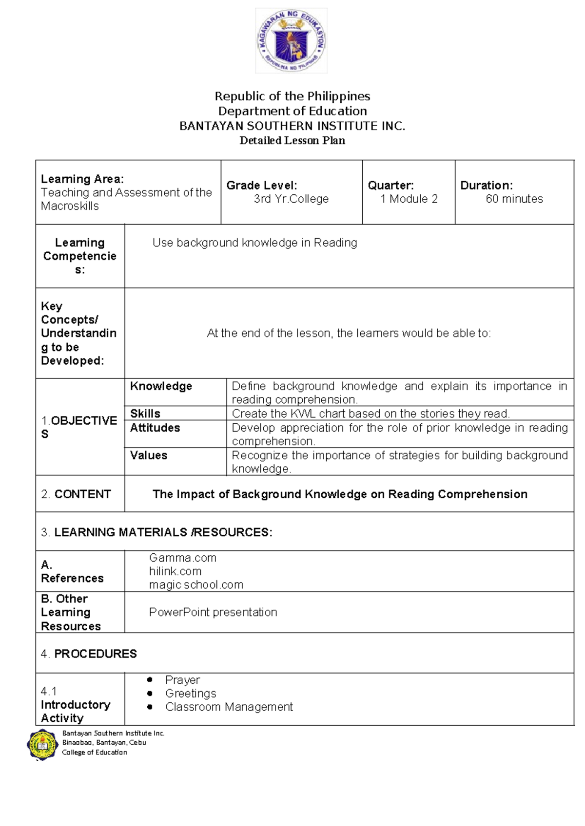 Detailed Lesson Plan on Macroskills - Background Knowledge in Reading ...