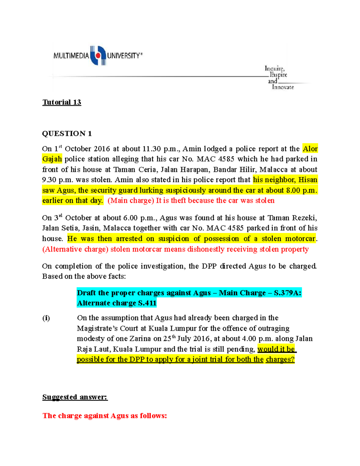 Tutorial 13: Criminal Charges Drafting & Legal Analysis (Week 14) - Studocu