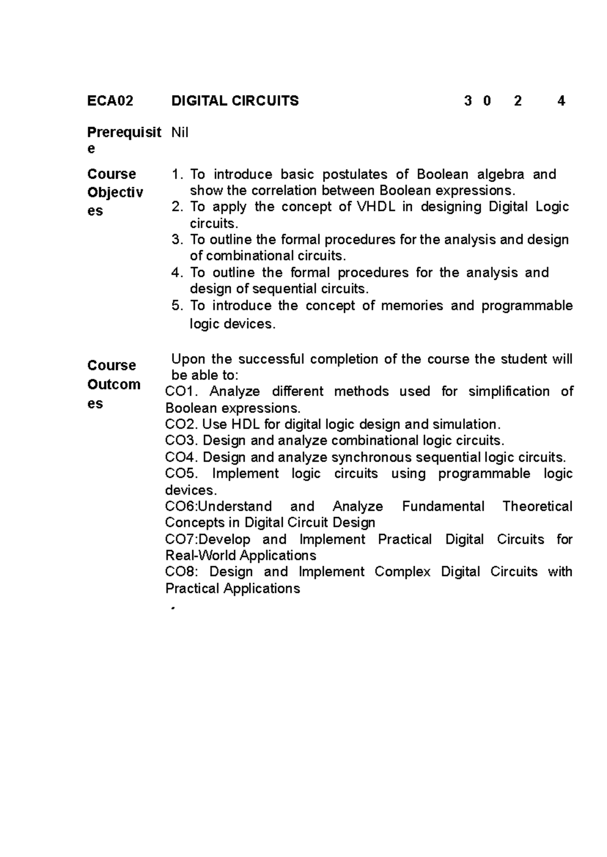 ECA02 Digital Circuits Syllabus and Course Objectives - Studocu