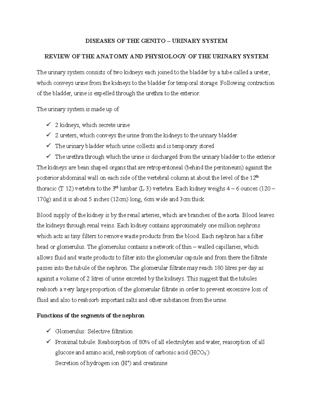 Urinary System Overview and Disorders - NUR 101 Final Exam Notes - Studocu