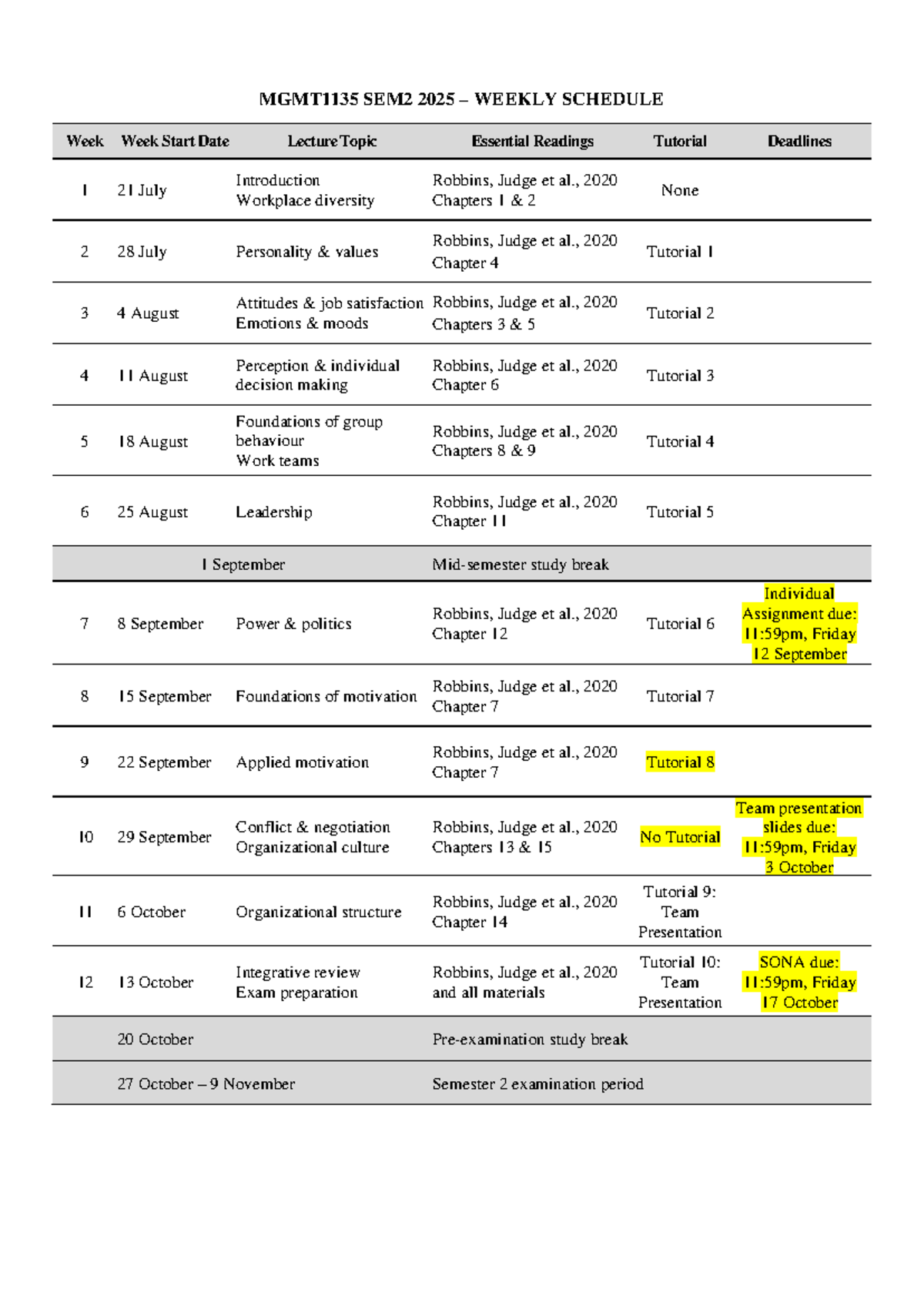 MGMT1135 SEM2 2025 Weekly Lecture & Tutorial Schedule - Studocu
