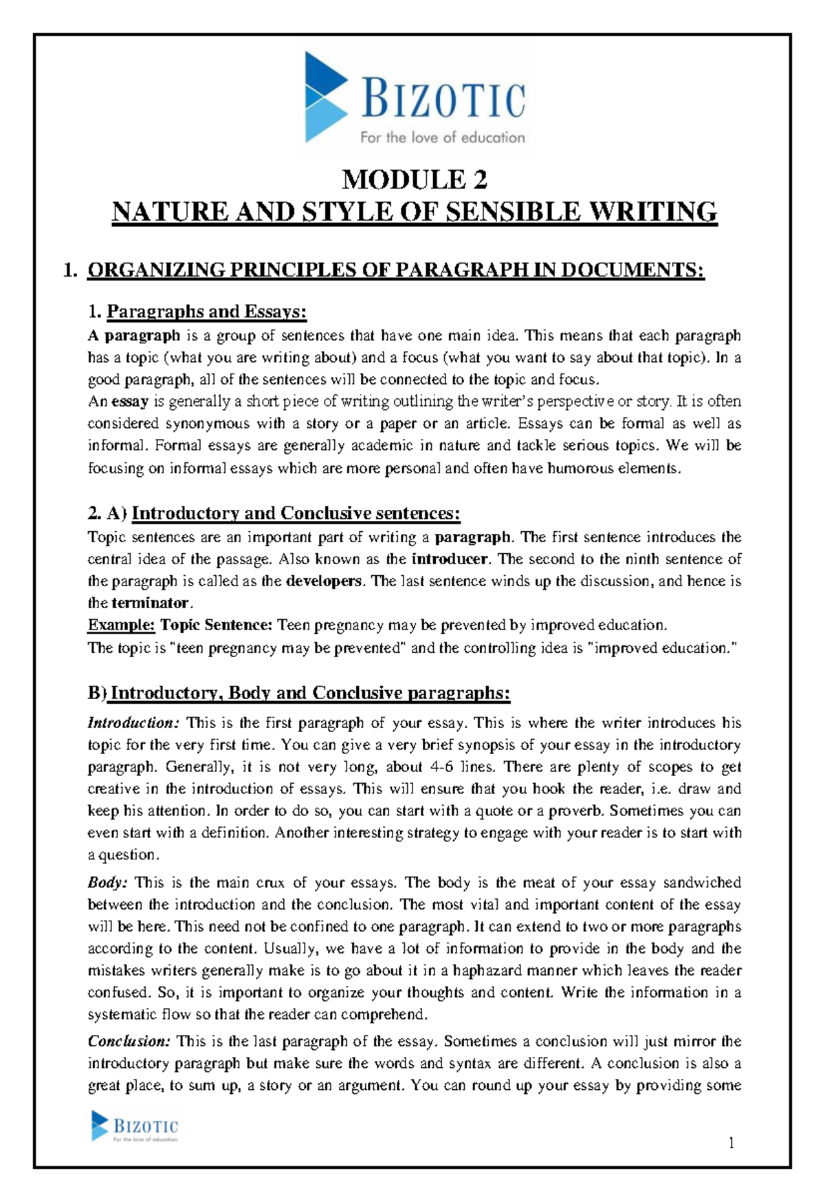 Module 2 Student Notes - Nature & Style of Sensible Writing - Studocu