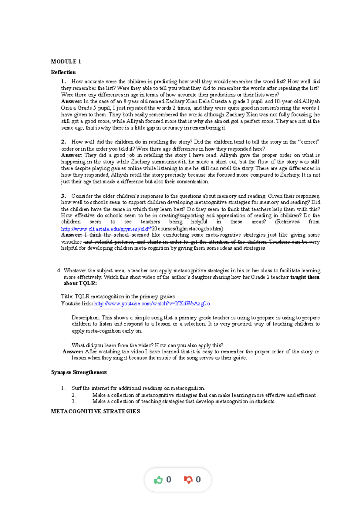 MODULE 1 Reflection on Metacognition and Learning Strategies - Studocu