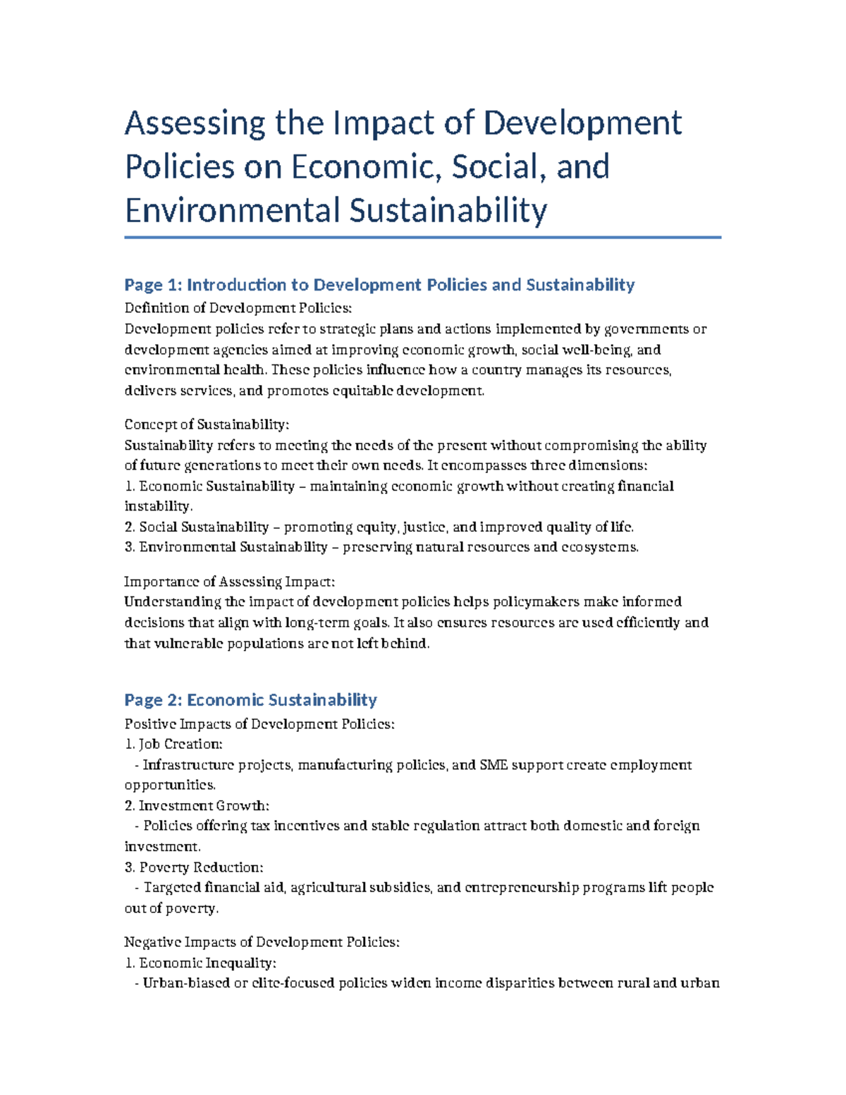 Impact of Development Policies on Economic, Social & Environmental ...