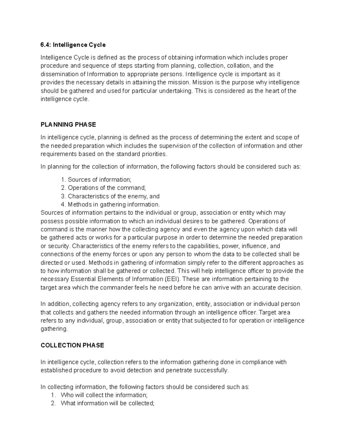 Module 6: Fundamentals of Intelligence Cycle and Operations - Studocu