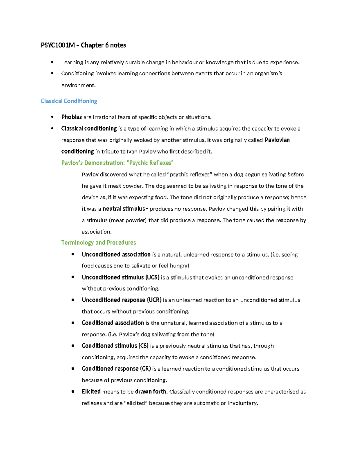PSYC1001M – In-Depth Notes on Classical and Operant Conditioning - Studocu
