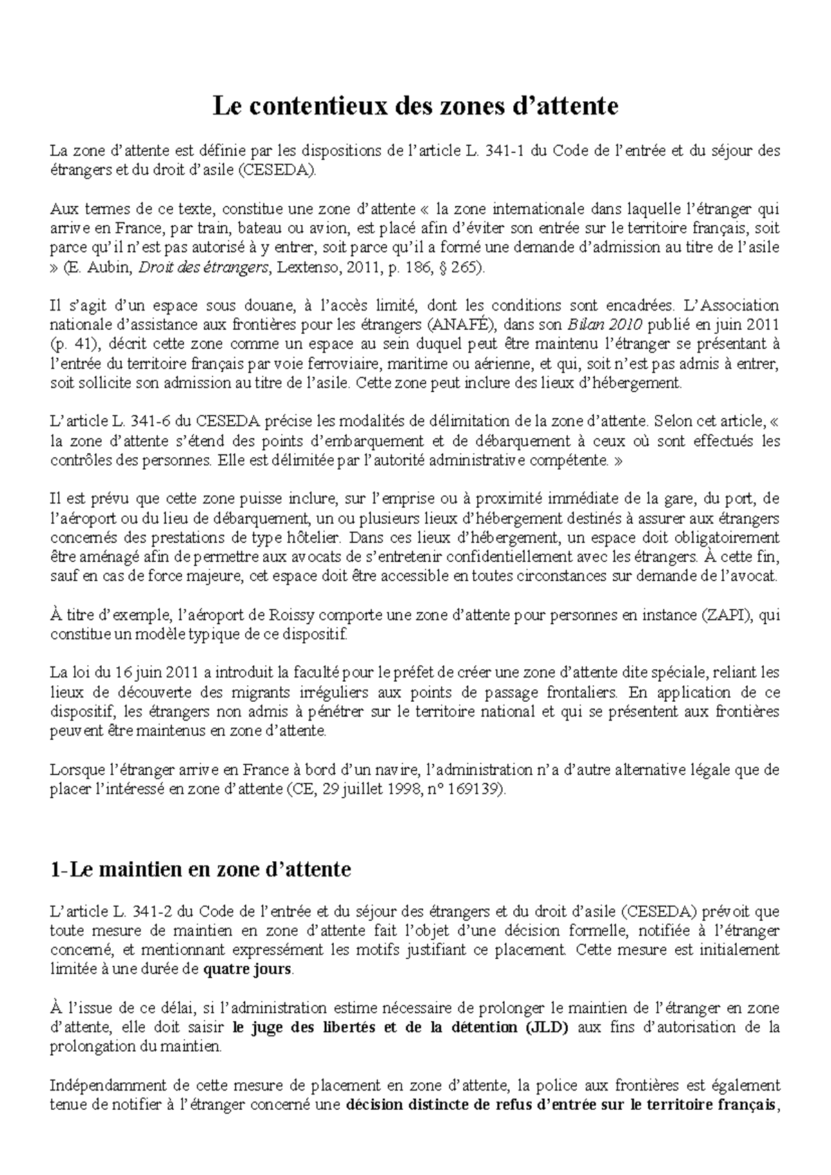 Sur le Contentieux des Zones d'Attente (CESEDA) - Studocu