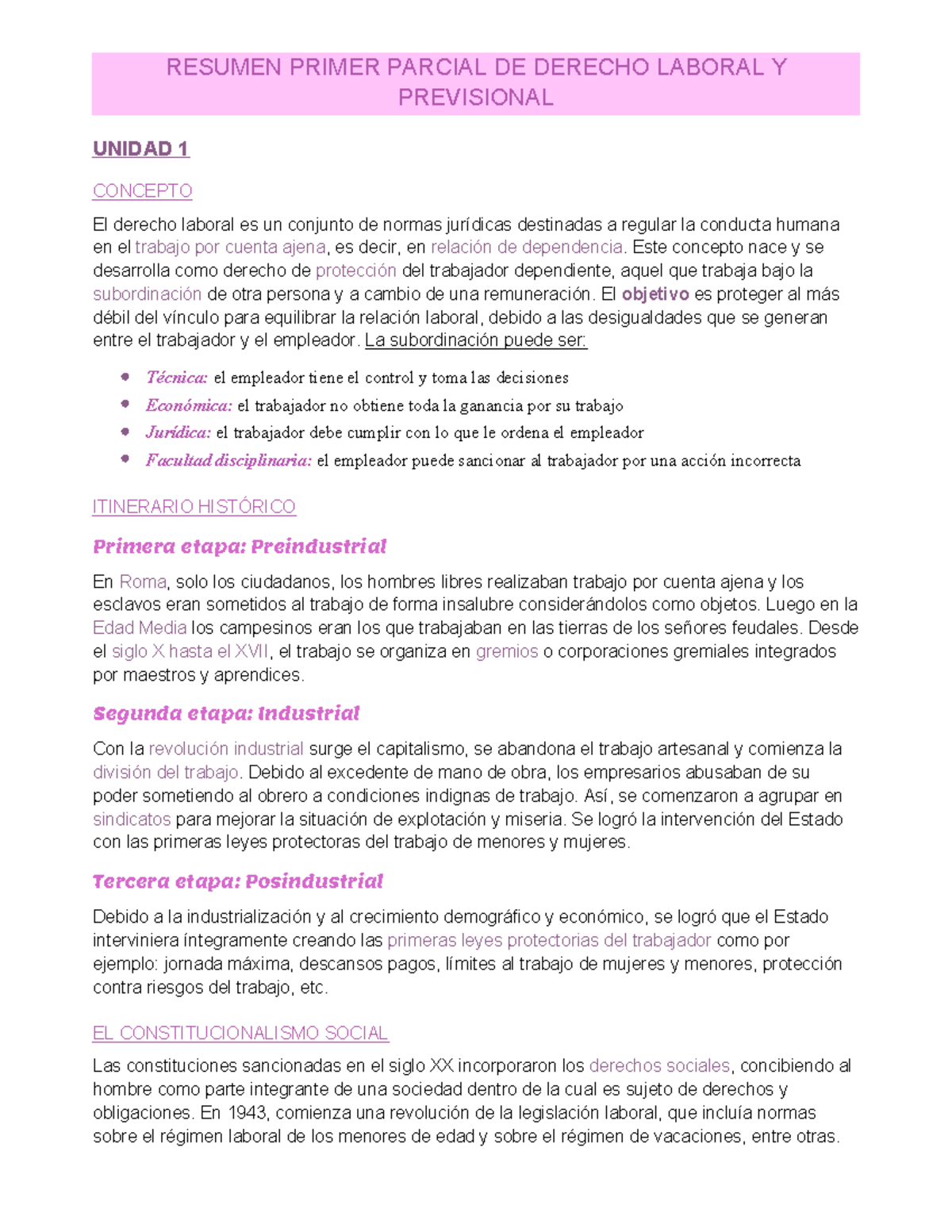 Resumen Primer Parcial de Derecho Laboral y Previsional - Unidad 1 ...