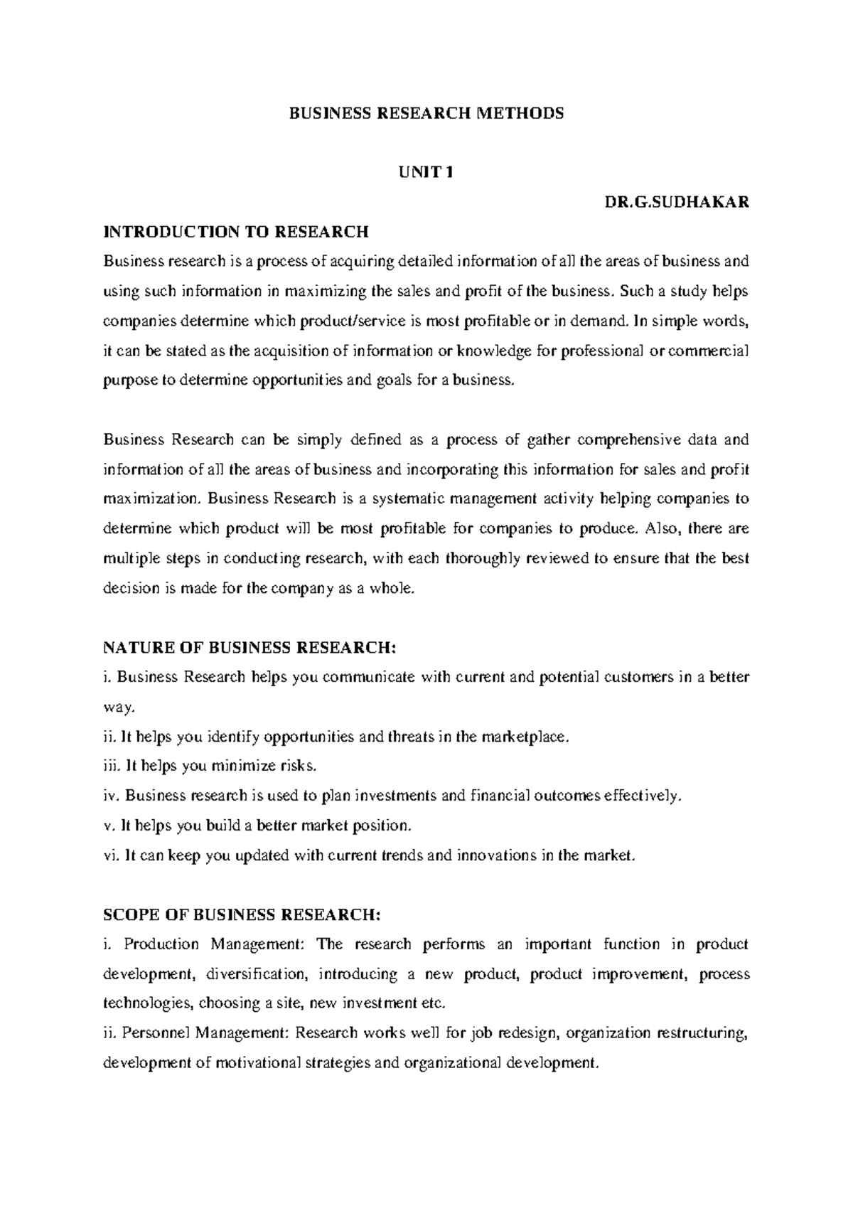BRM UNIT 1 - INTRODUCTION TO BUSINESS RESEARCH METHODS - Studocu