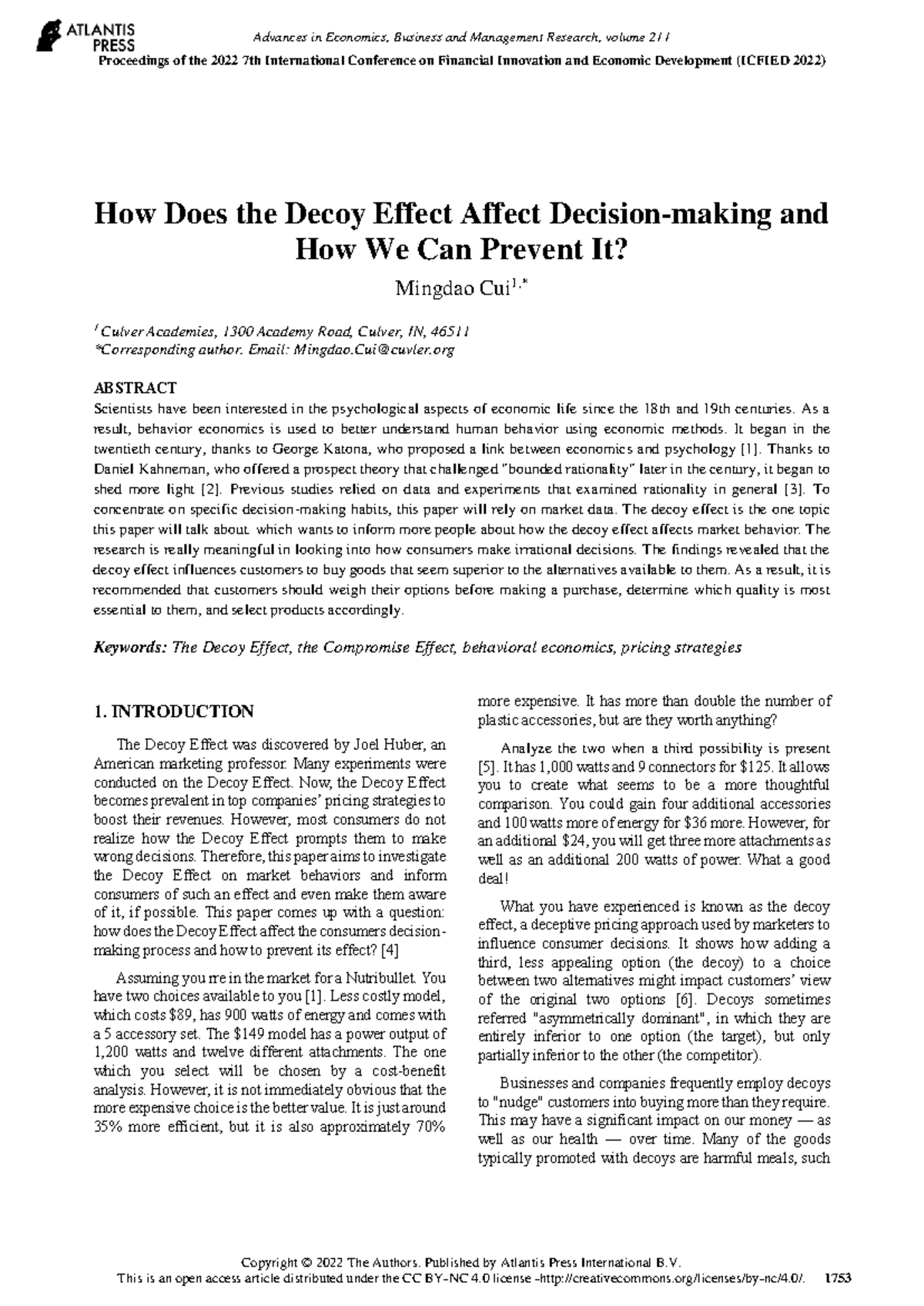 The Decoy Effect in Consumer Behavior: Insights from ICFIED 2022 - Studocu