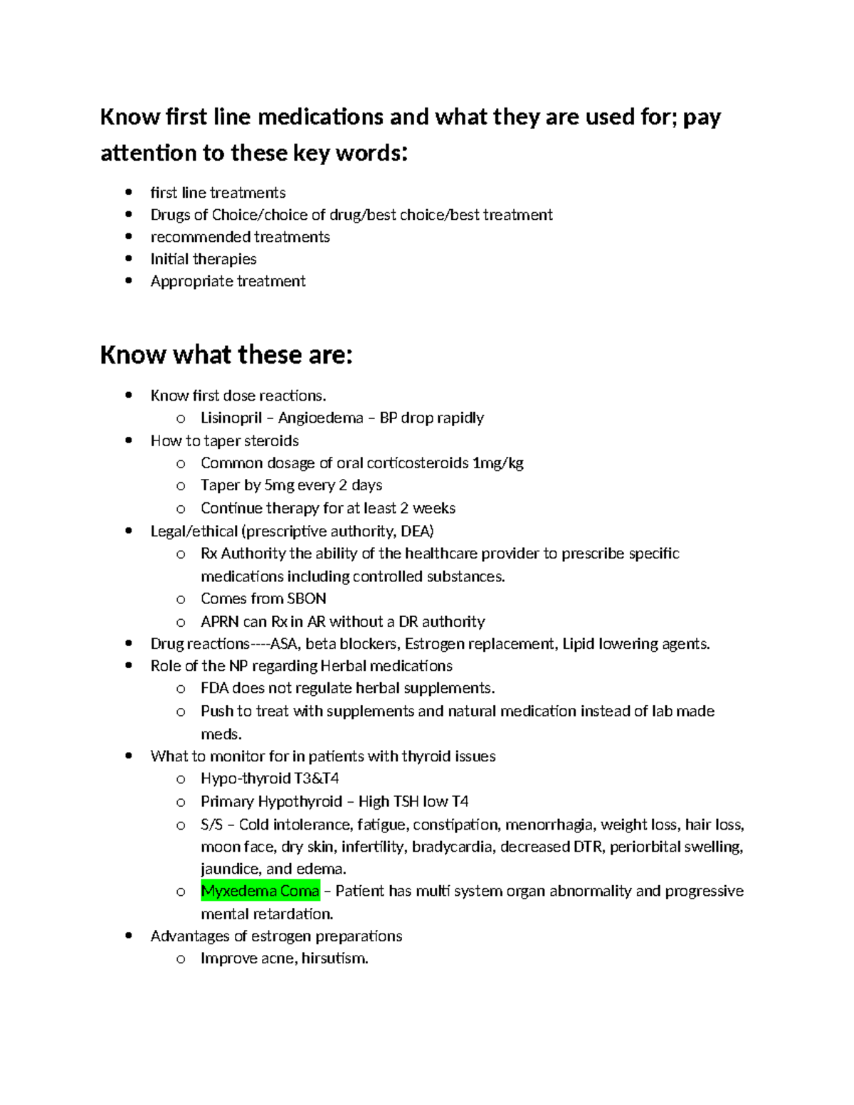 Pharm 101 Final Exam Study Guide: First Line Treatments Overview - Studocu