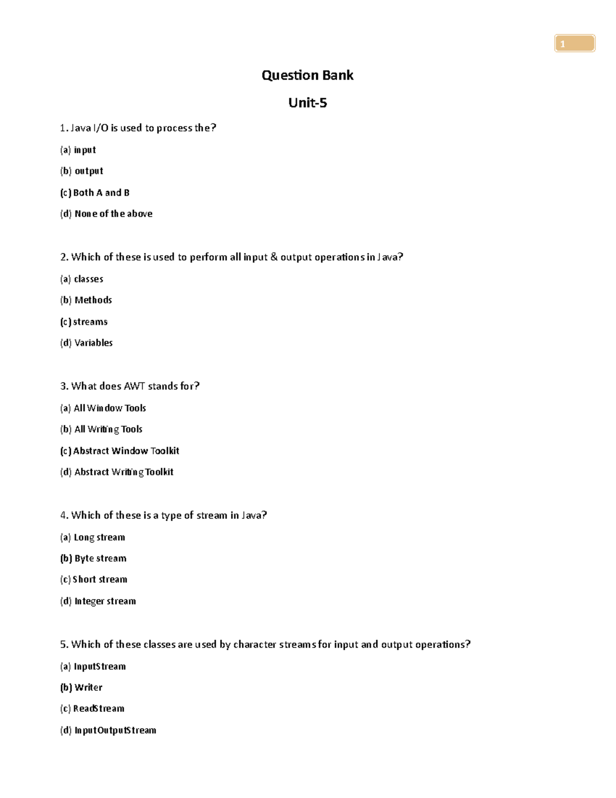 JAVA QB-5: Key Questions on Java Input/Output Streams and AWT - Studocu
