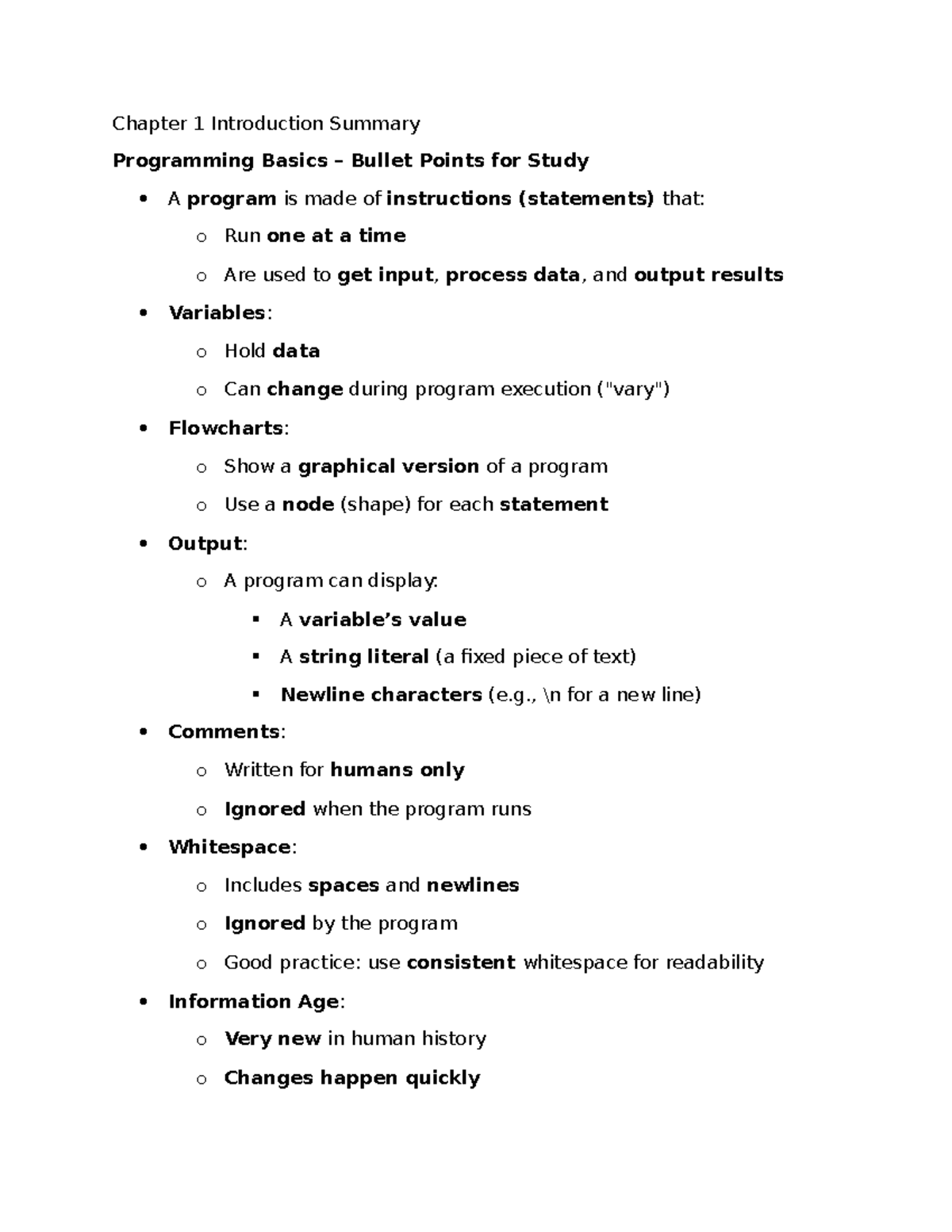 D278 Ch 1-6 Programming Basics Summary for Final Exam - Studocu
