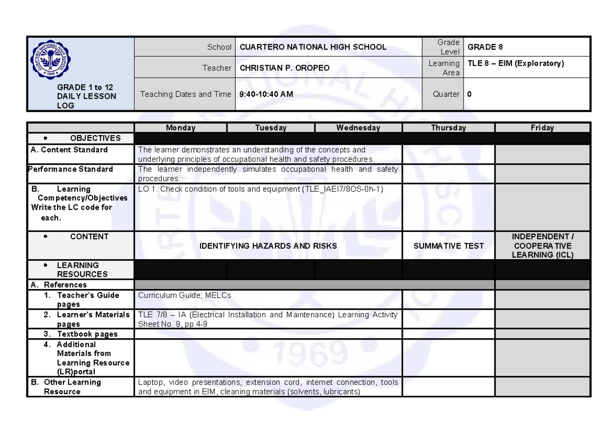 Week 8 new - Daily lesson log - GRADE 1 to 12 DAILY LESSON LOG School ...
