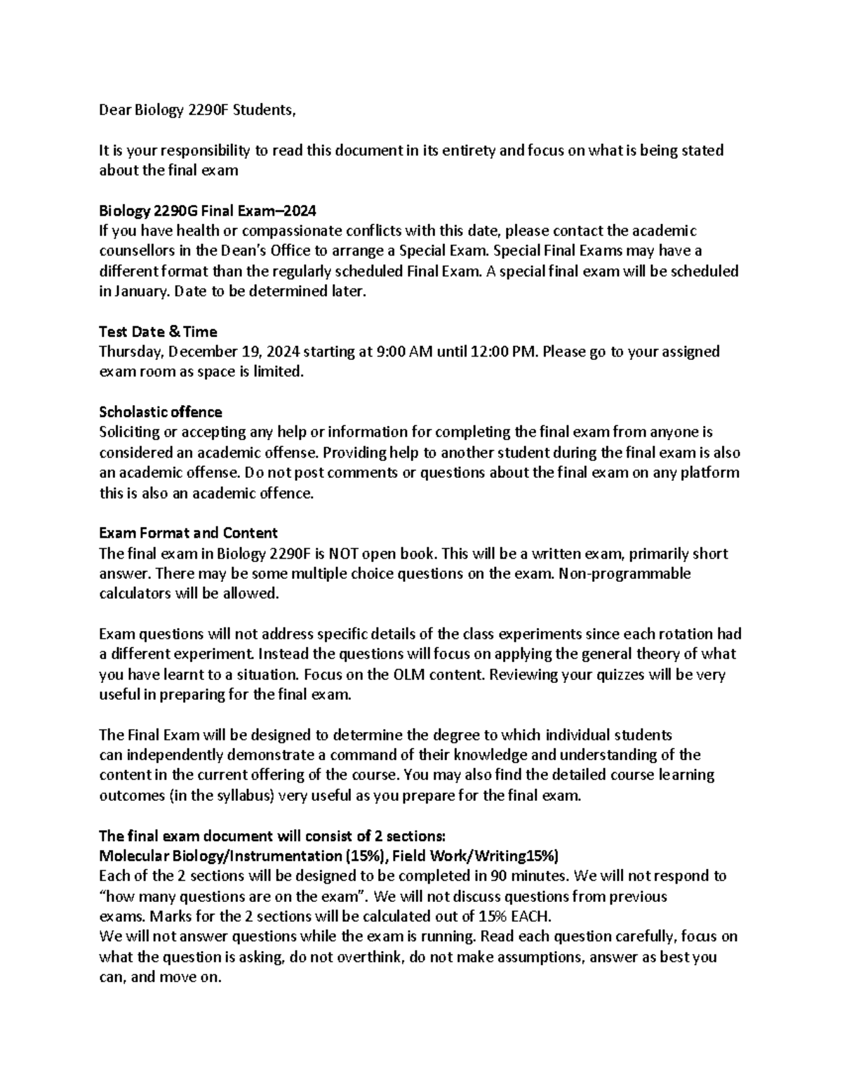 Exam letter for Final Exam - Dear Biology 2290F Students, It is your ...