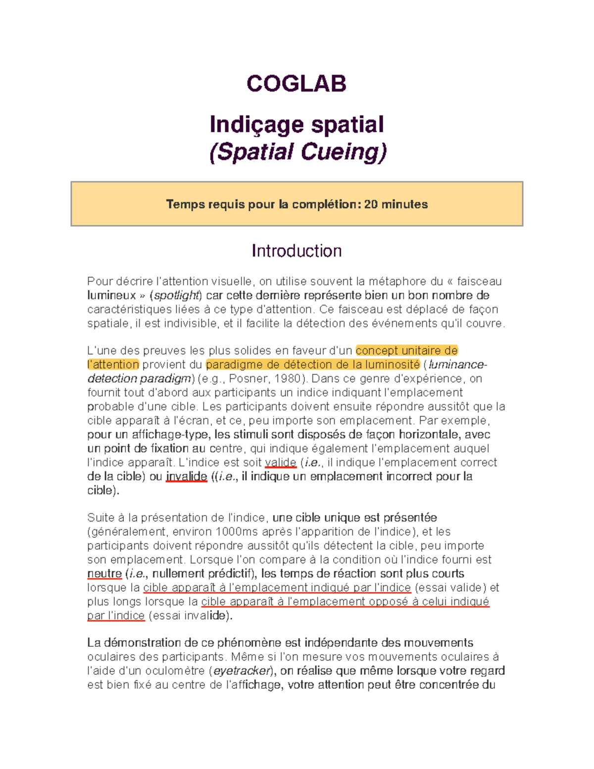 COGLAB 3: Étude sur l'Indiçage Spatial et Temps de Réaction - Studocu