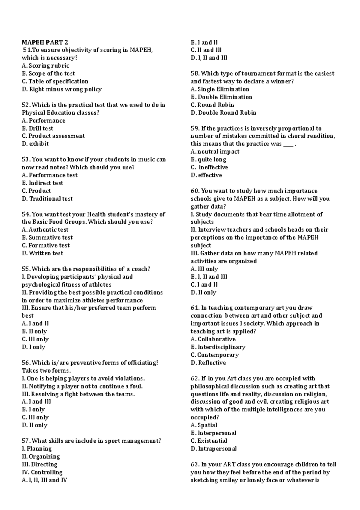 MAPEH Part 2: Comprehensive Study Guide and Assessment Questions - Studocu