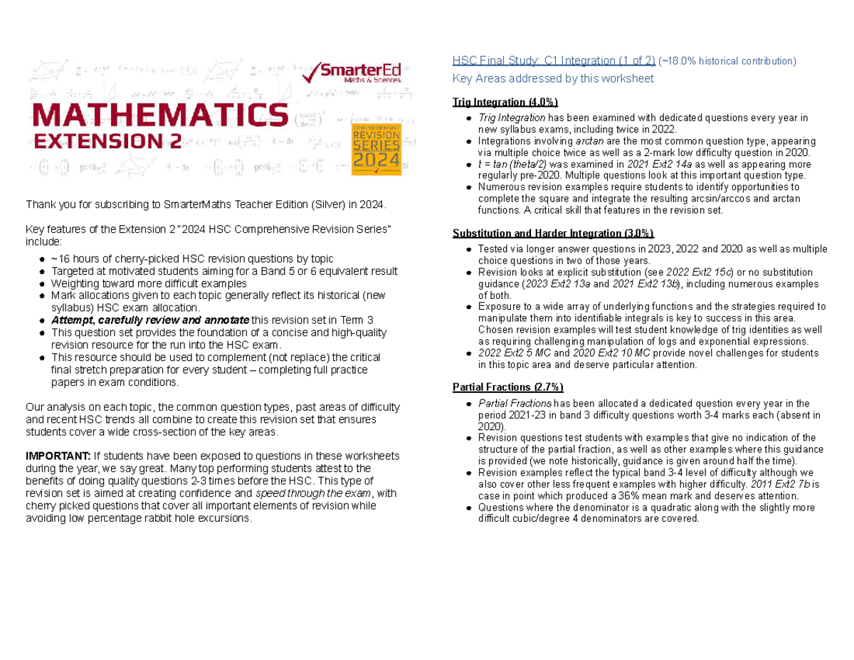 Final Exam Notes: Calculus EXT2 C1 Integration Techniques - Studocu