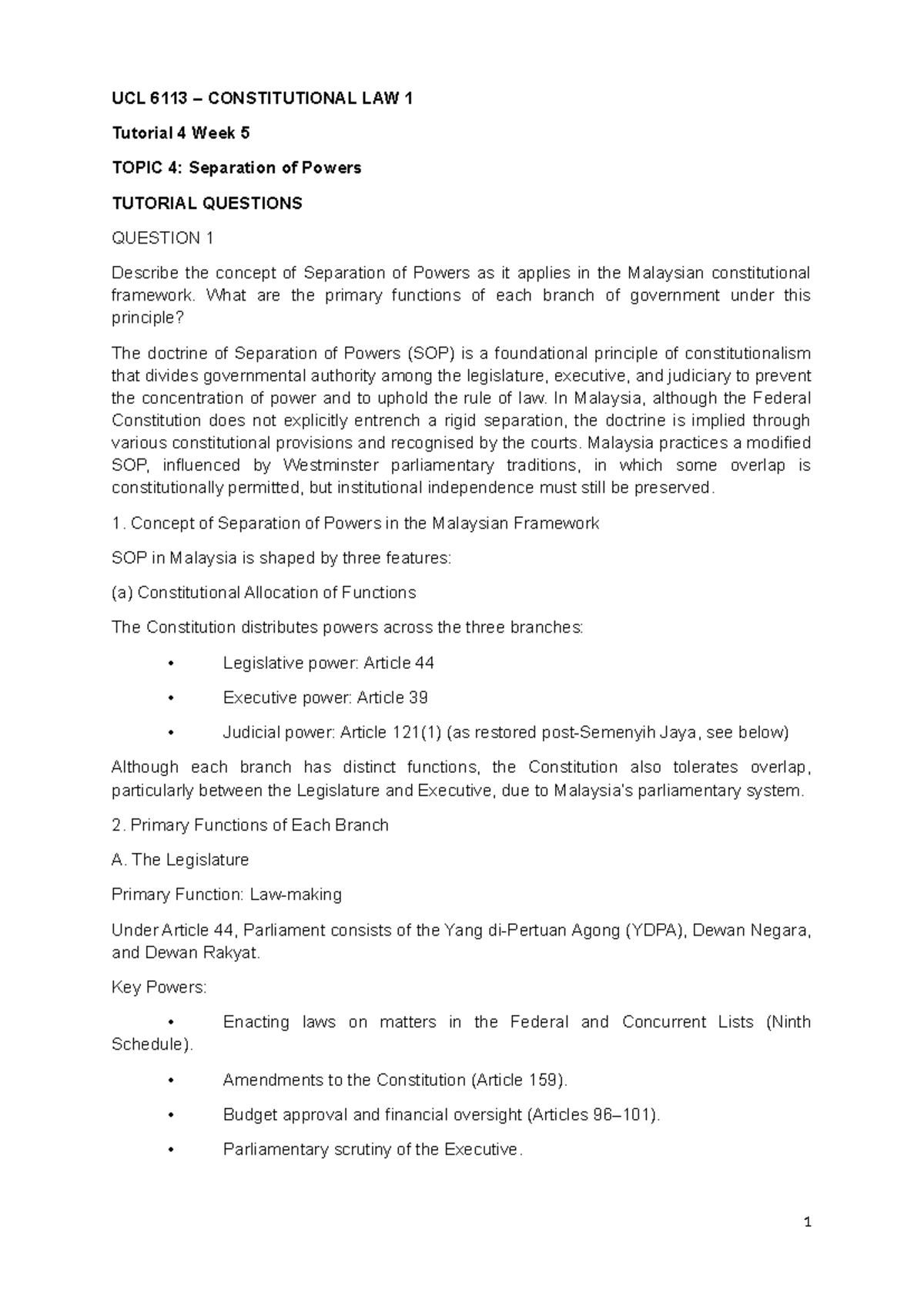 UCL 6113 CONSTITUTIONAL LAW 1 Tutorial 4: Separation of Powers Analysis ...