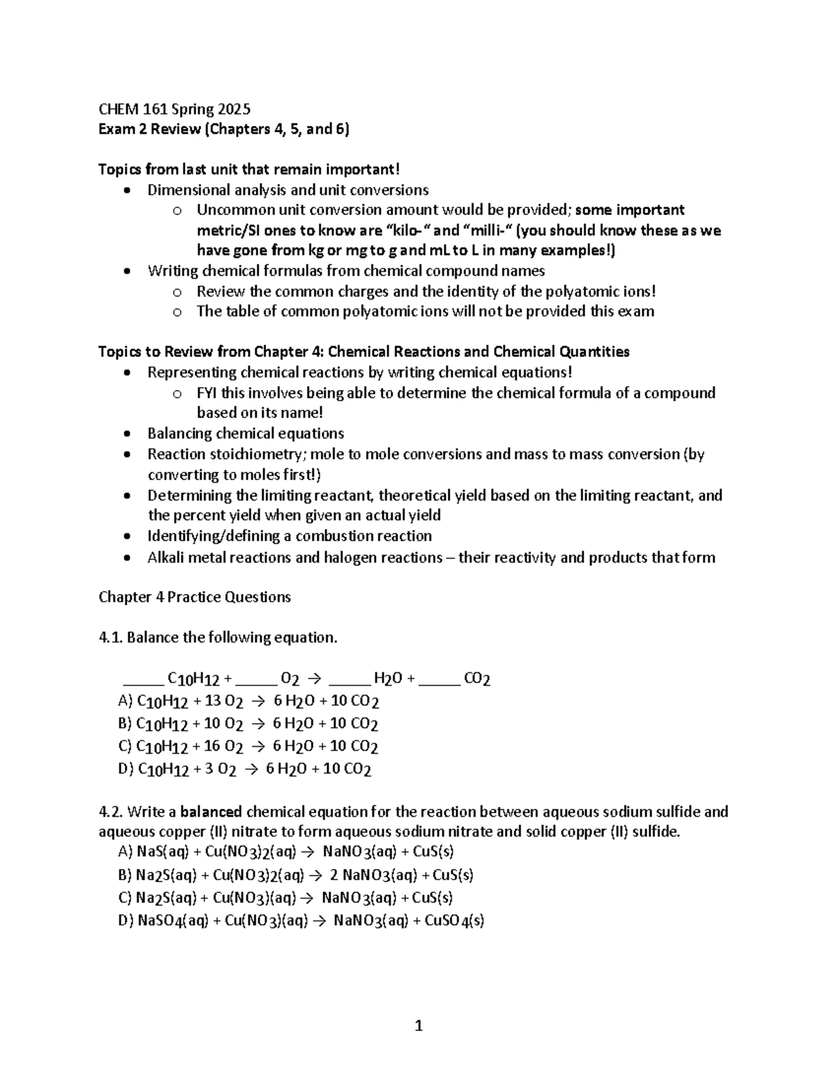 CHEM 161 Spring 2025 Exam 1 Review: Key Concepts from Chapters 1-3 ...