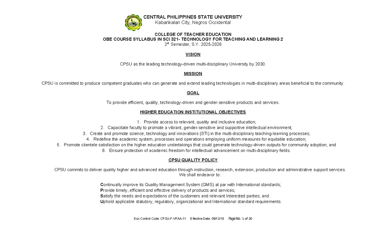 SCI 321 - Technology for Teaching and Learning 2 Syllabus - Studocu