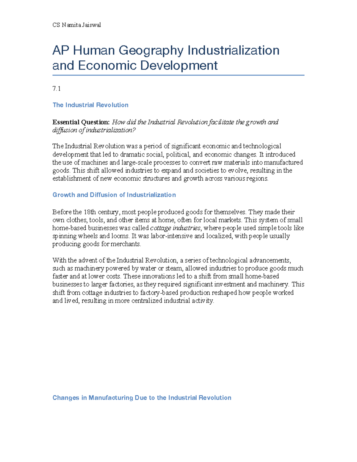 AP Human Geography CS Namita Jaiswal: Industrialization & Economic ...