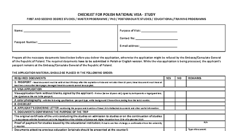 Checklist for Polish National Visa Study (1st & 2nd Degree) - Studocu