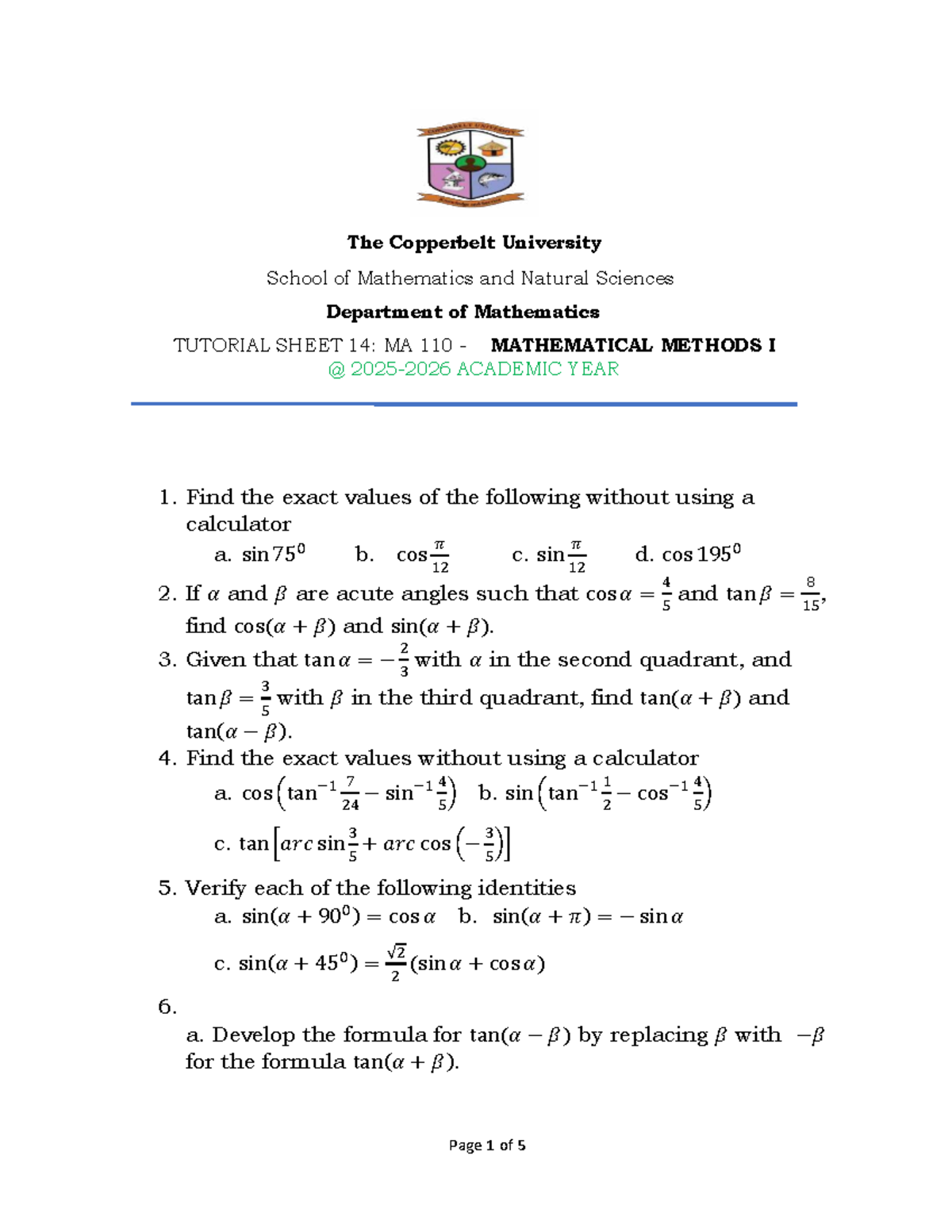 MA 110 Tutorial Sheet 14: Mathematical Methods I Exercises - Studocu