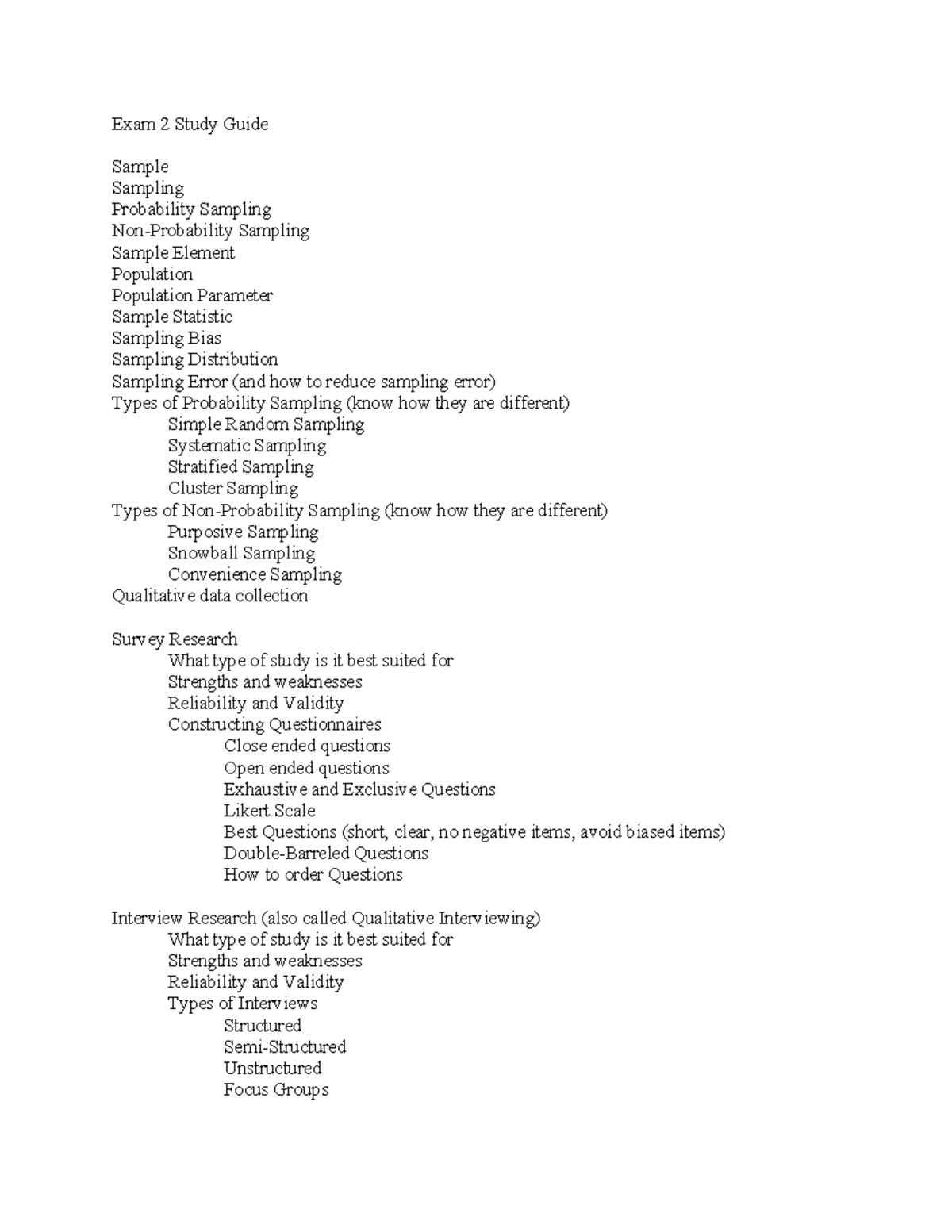 Exam 2 Study Guide: Sampling Methods and Data Collection Techniques ...