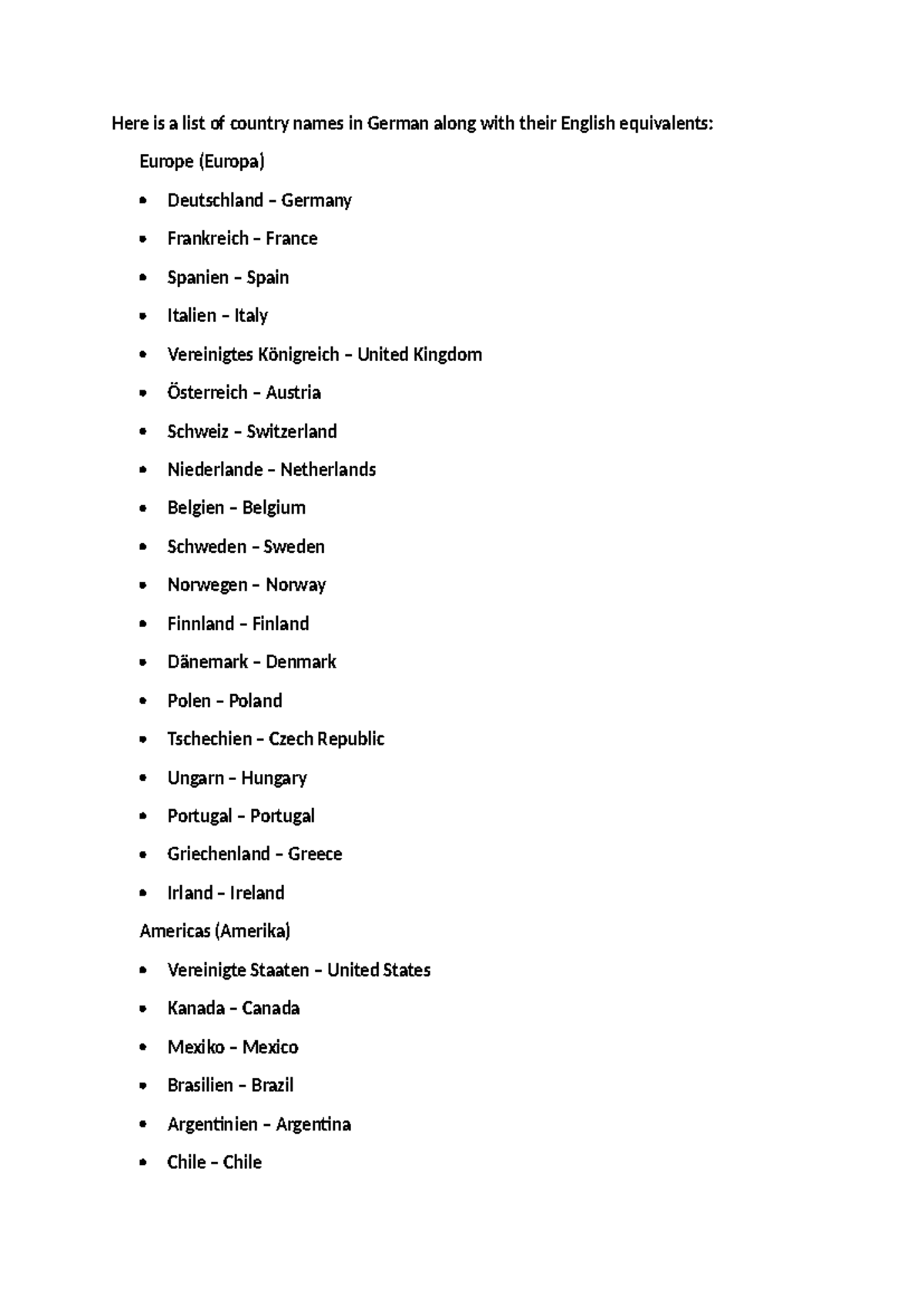 Here is a list of country names in German along with their English ...