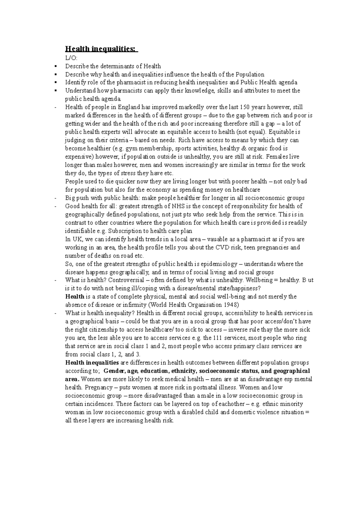 Health inequalities - Summary of lecture notes - Health inequalities ...
