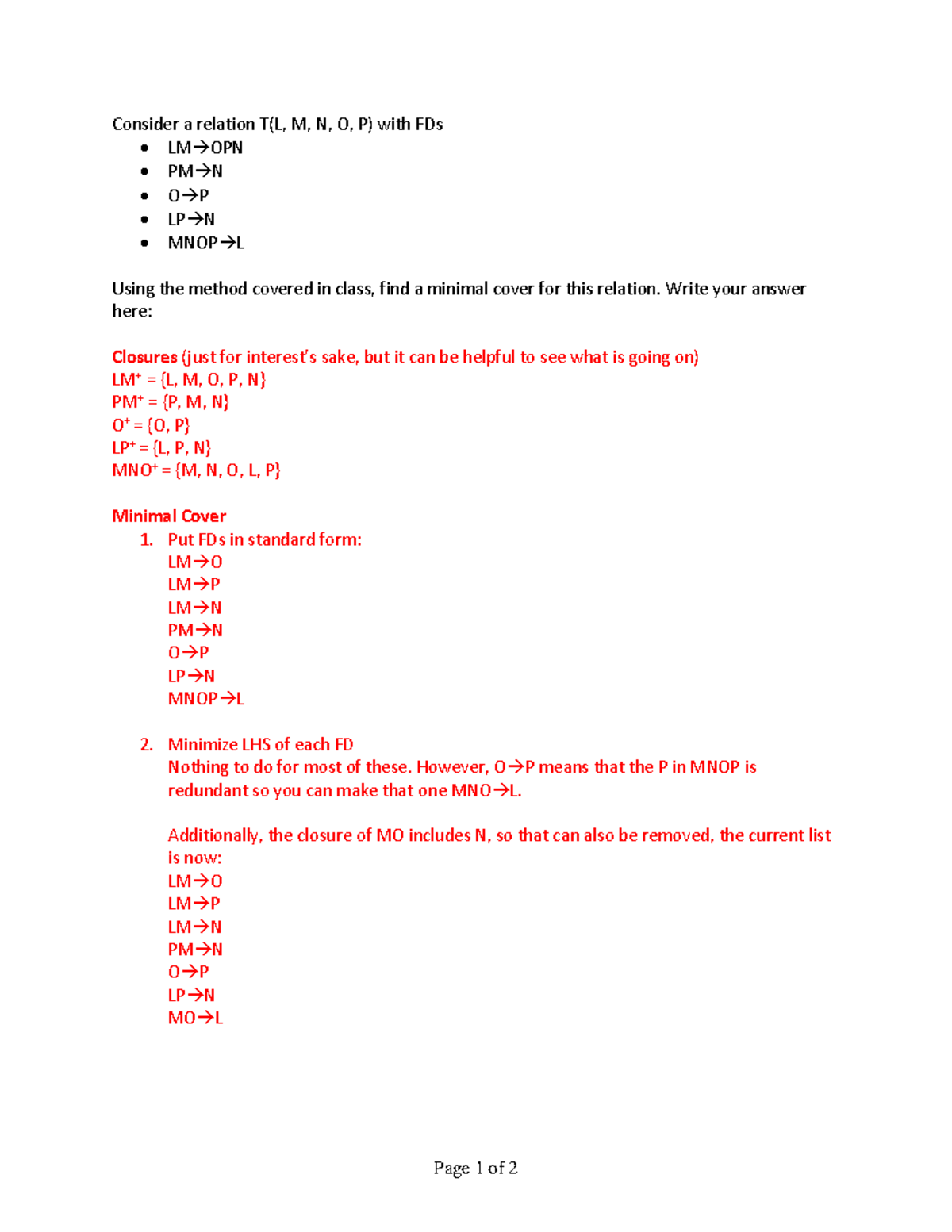 Normalization 3 answer - Page 1 of 2 Consider a relation T(L, M, N, O ...
