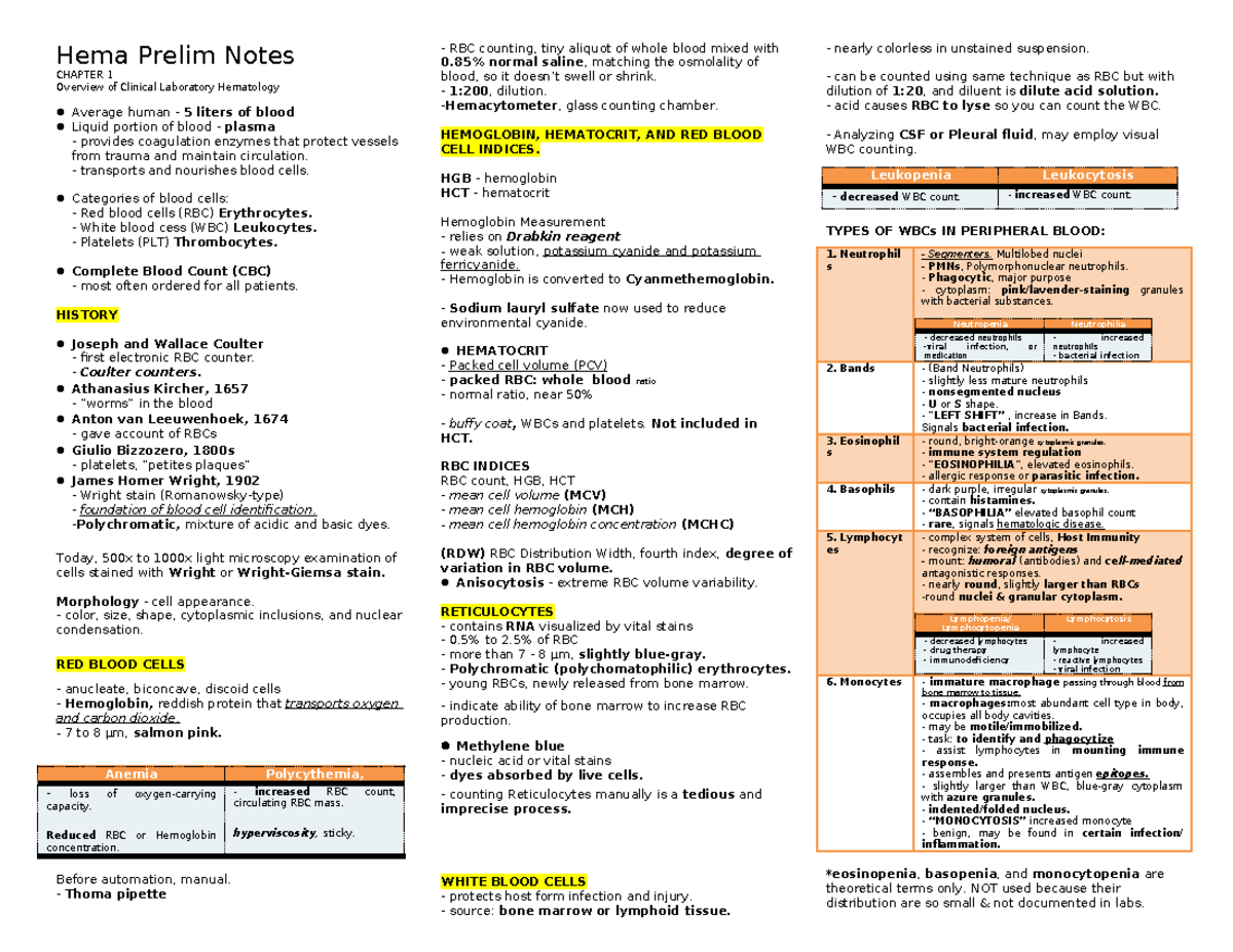 Hematology Prelim Notes: Comprehensive Overview & Key Concepts - Studocu