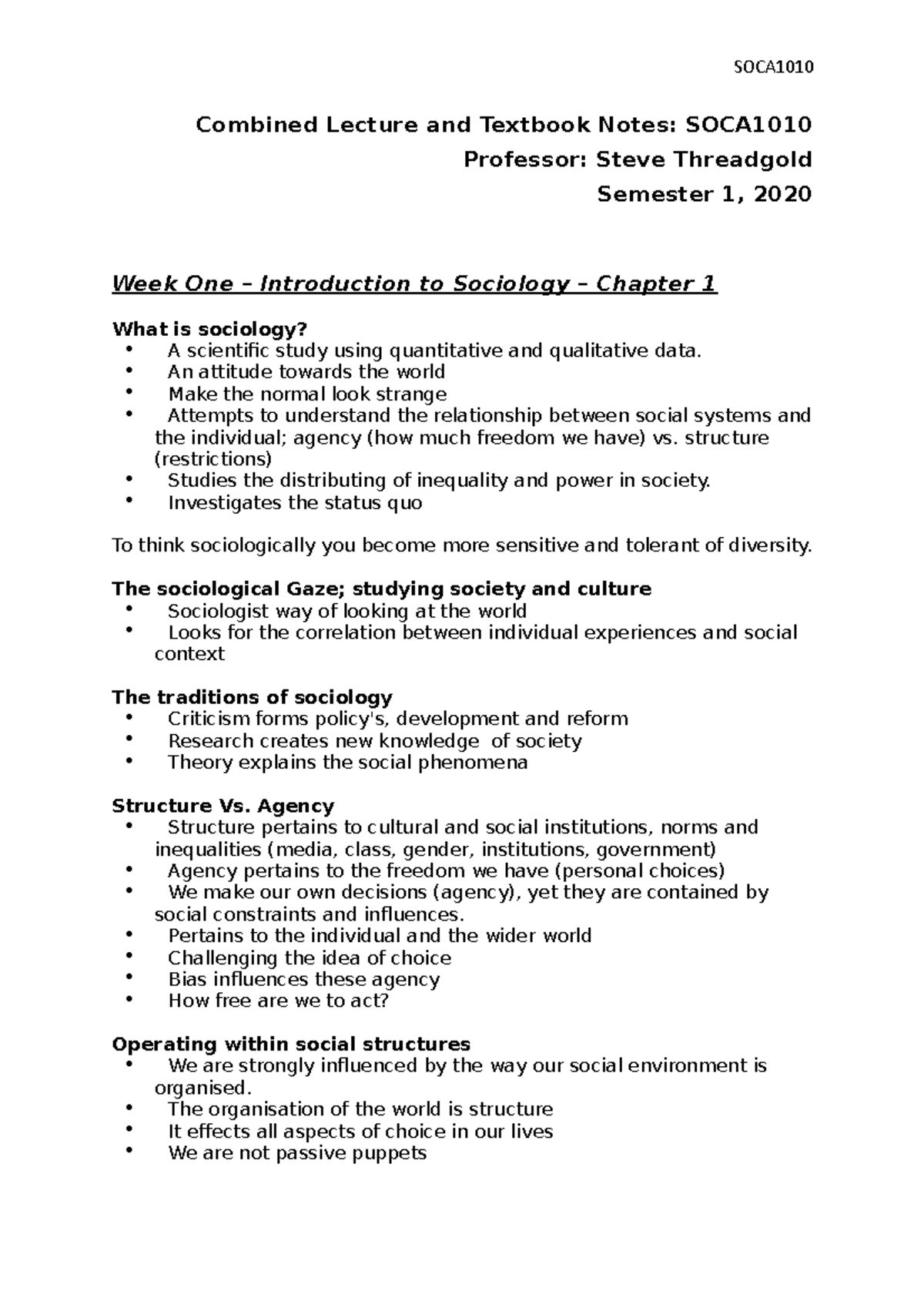 SOCA1010 - All Notes - Combined Lecture and Textbook Notes: SOCA ...