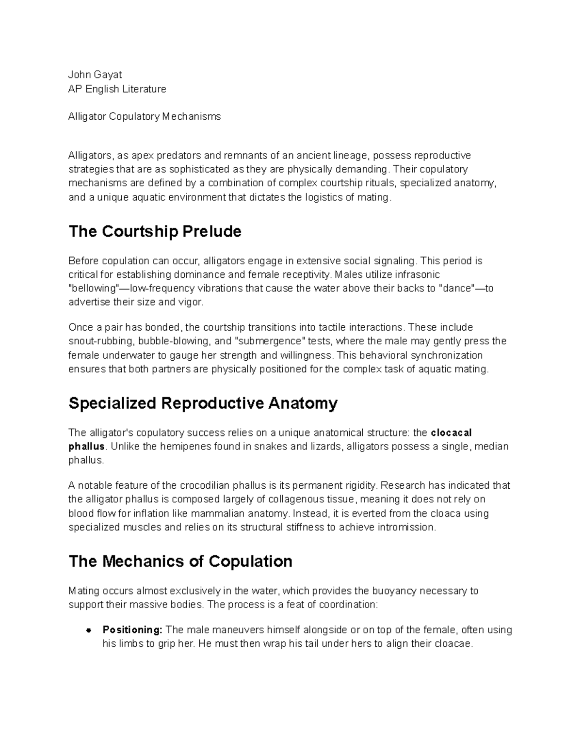AP English Literature: Alligator Copulatory Mechanisms Explained - Studocu