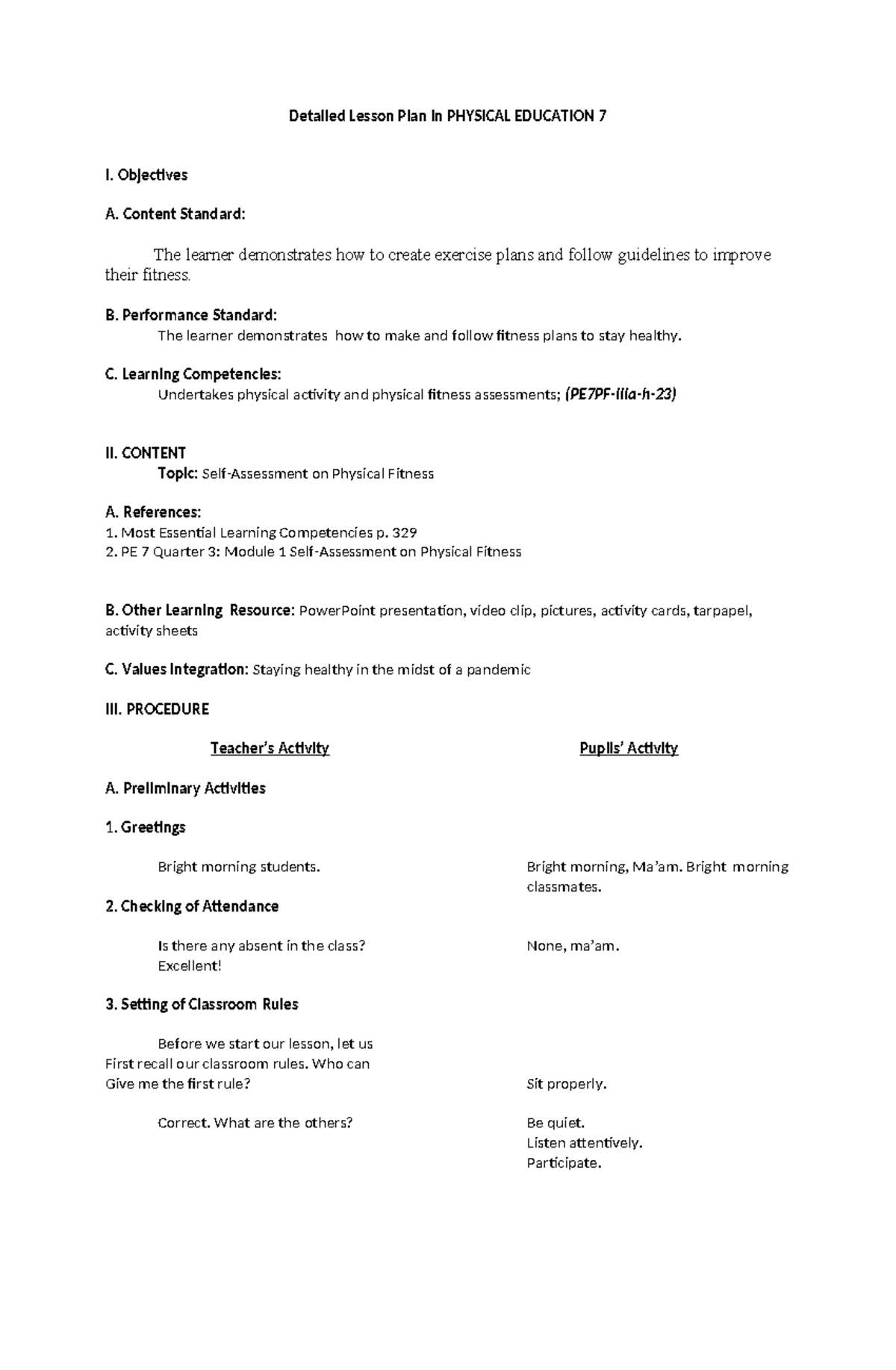 PE 7 Detailed Lesson Plan: Self-Assessment in Physical Fitness - Studocu