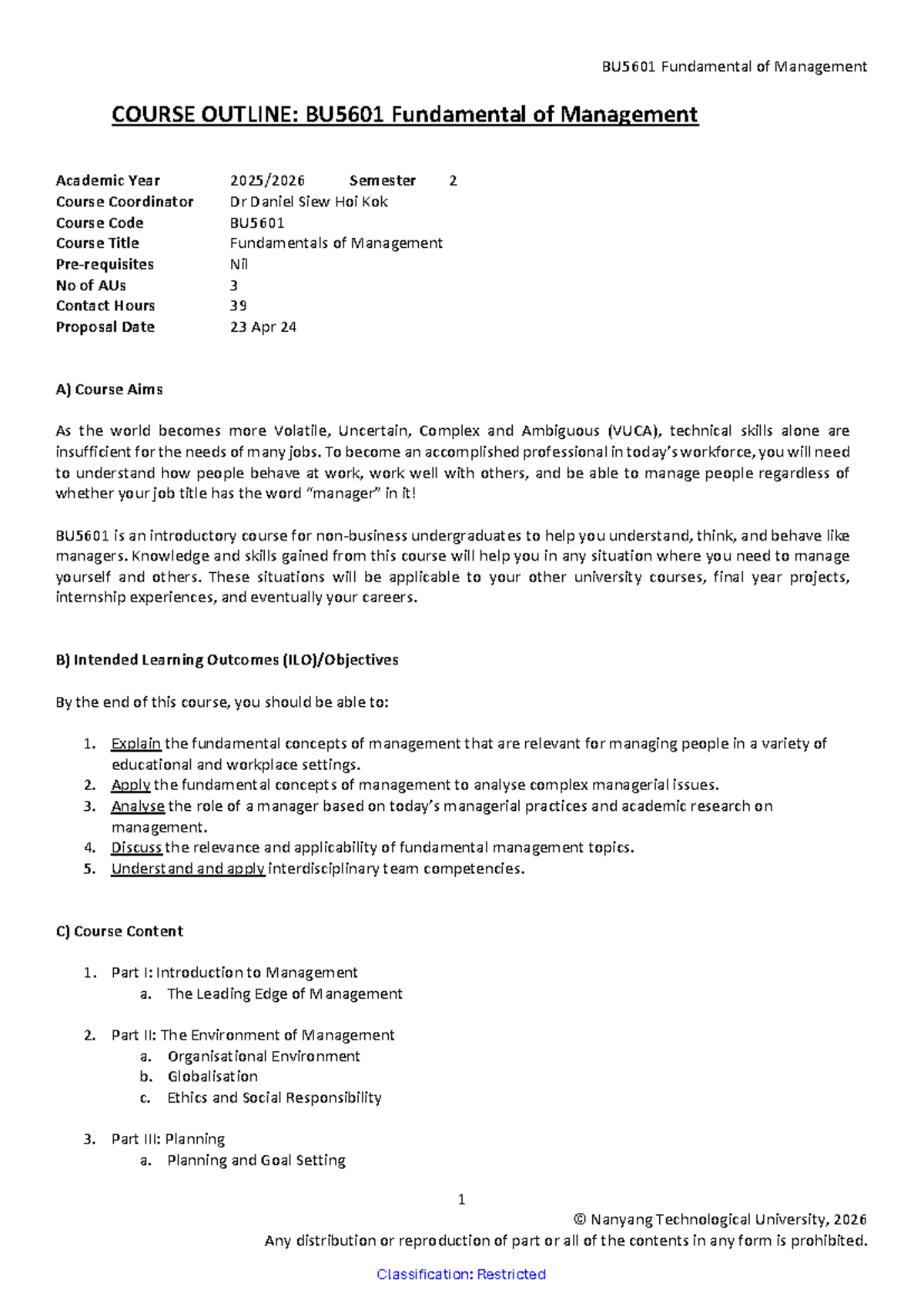 BU5601 Fundamentals of Management Course Outline S2AY2025 - Studocu