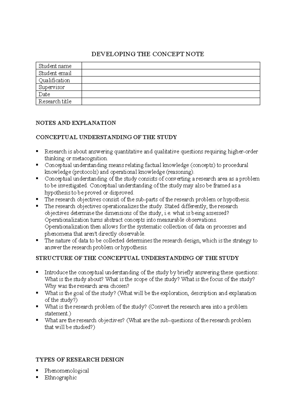 Concept Note Guide for Masters & Honours Research Projects - Studocu
