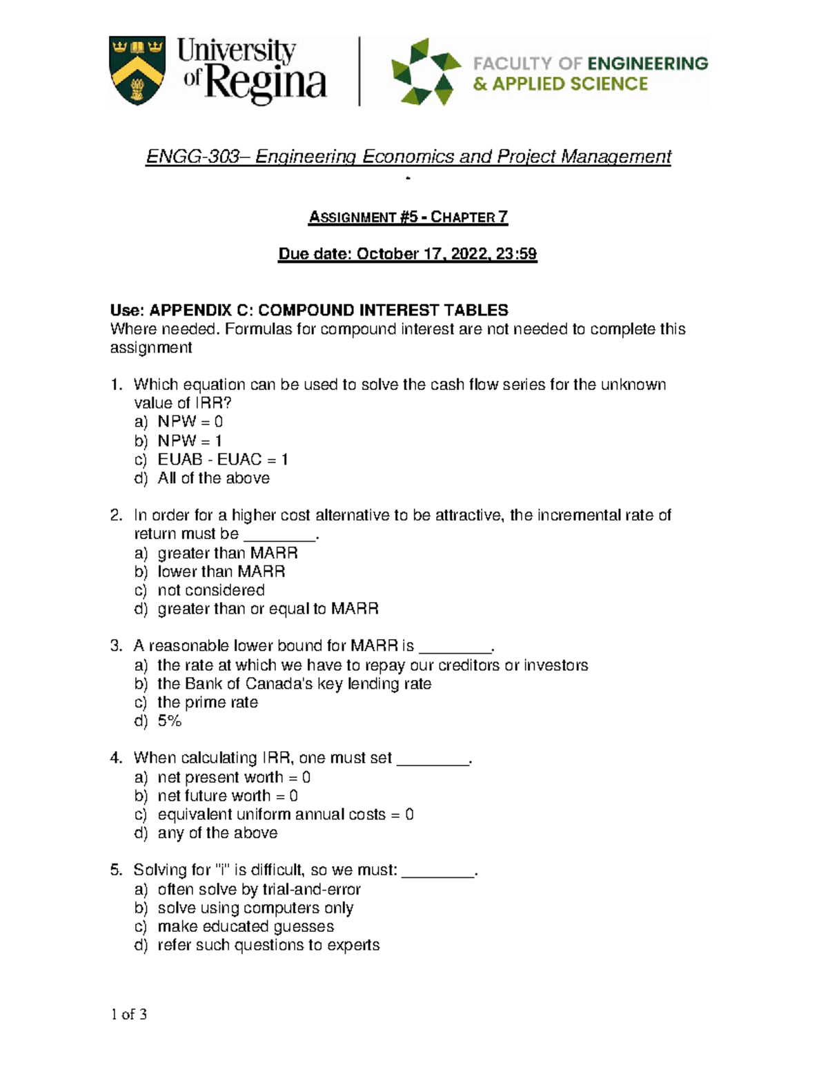 ENGG 303 Chapter 7 Assignment 5: Engineering Economics Analysis - Studocu