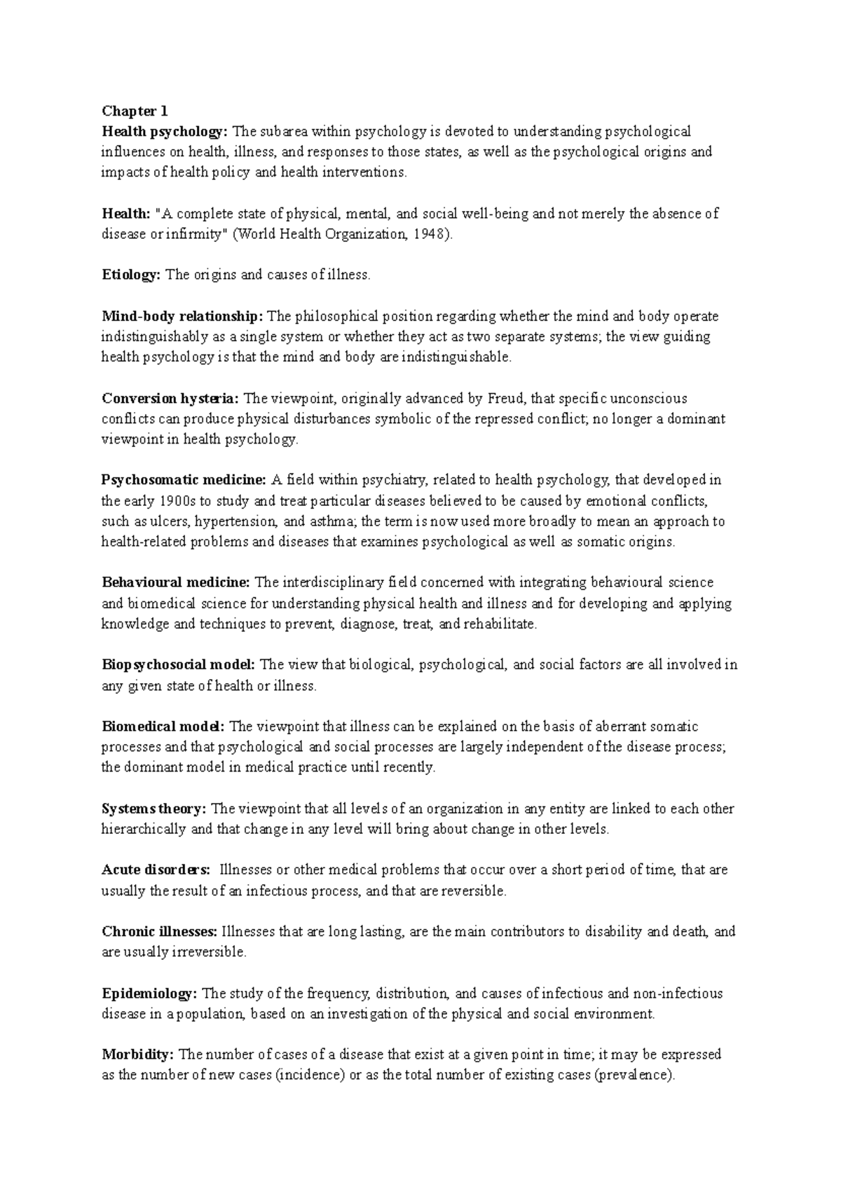 Psyc 3170 Midterm 1 Key Terms: Health Psychology Insights and Concepts ...