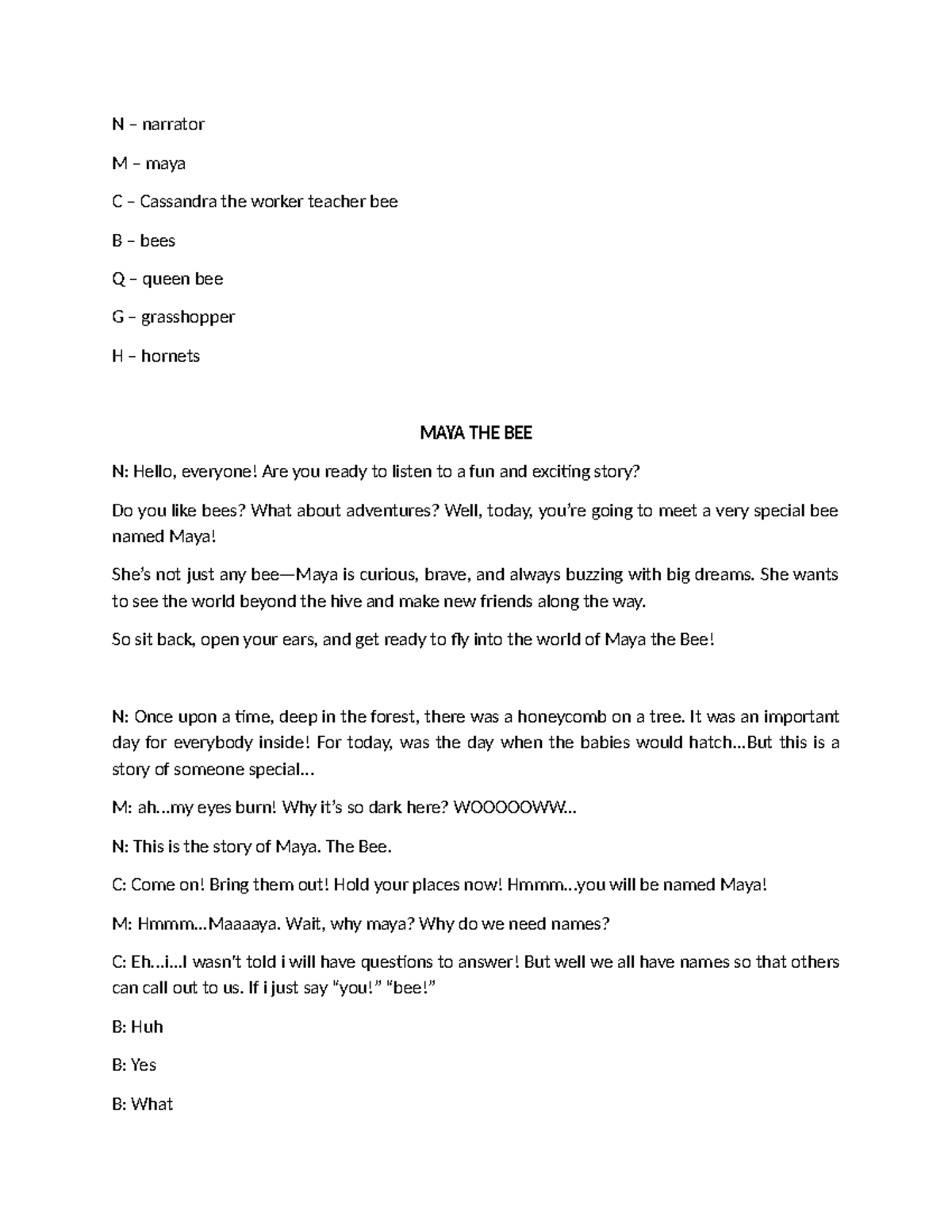 Maya-the-Bee - Script for Readers Theatre - N – narrator M – maya C ...
