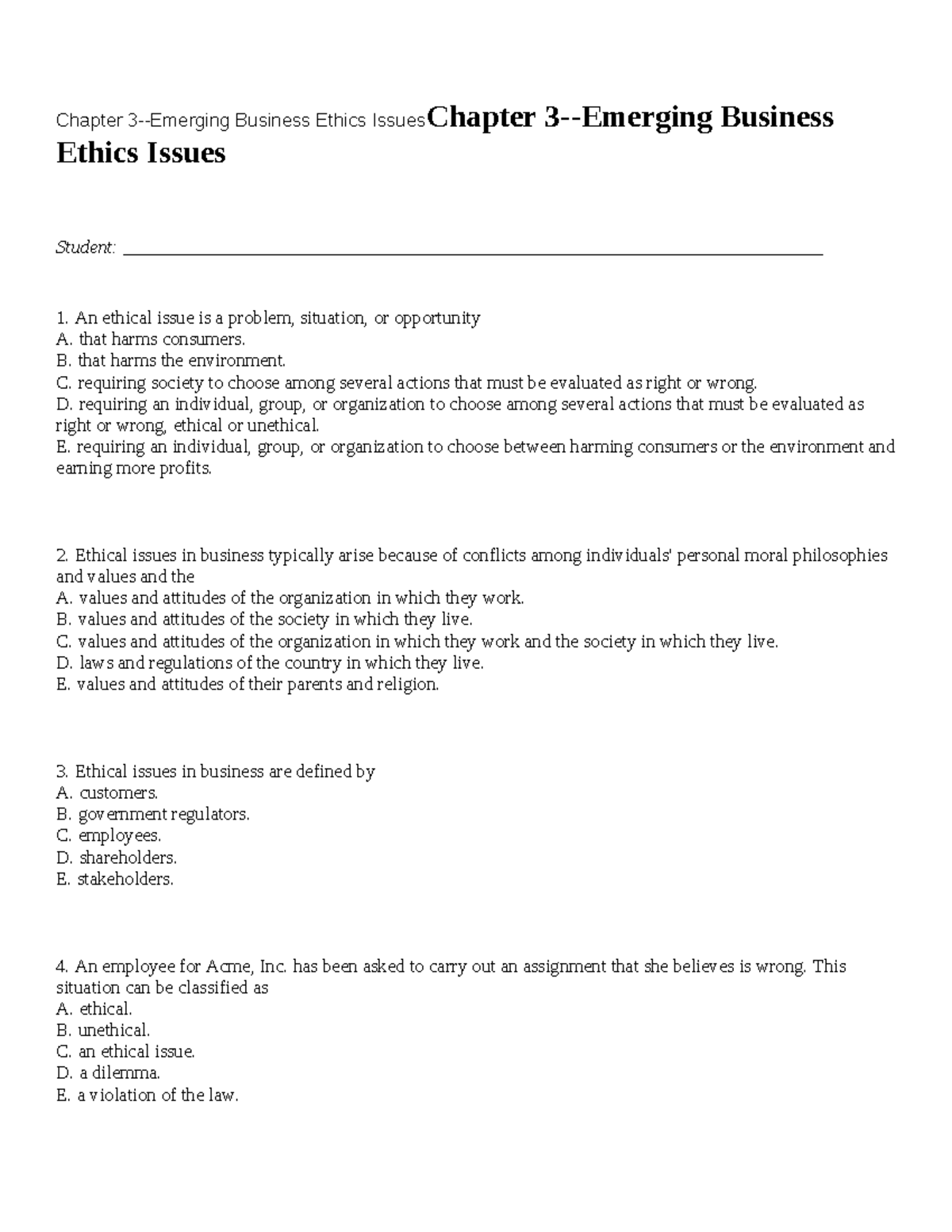 Chapter 3: Emerging Business Ethics Issues in Business Ethics (BUS 101 ...
