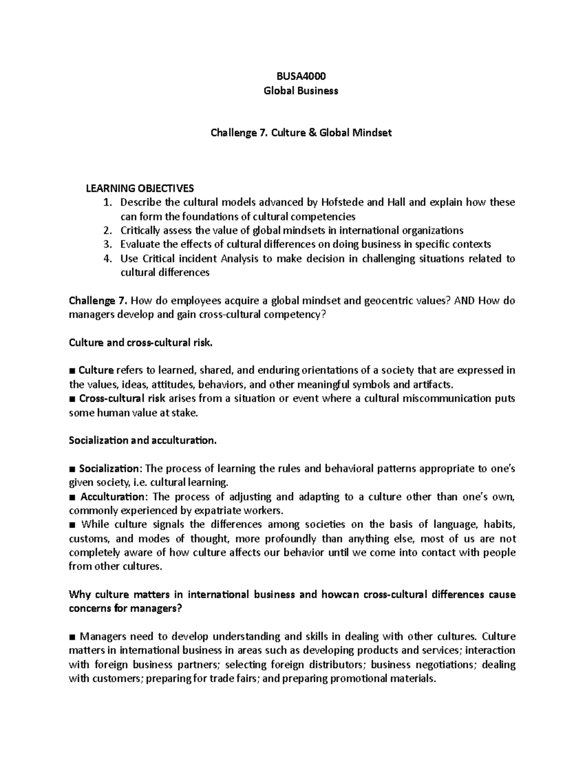 BUSA4000 Chapter 7: Culture & Global Mindset Insights and Assessments ...
